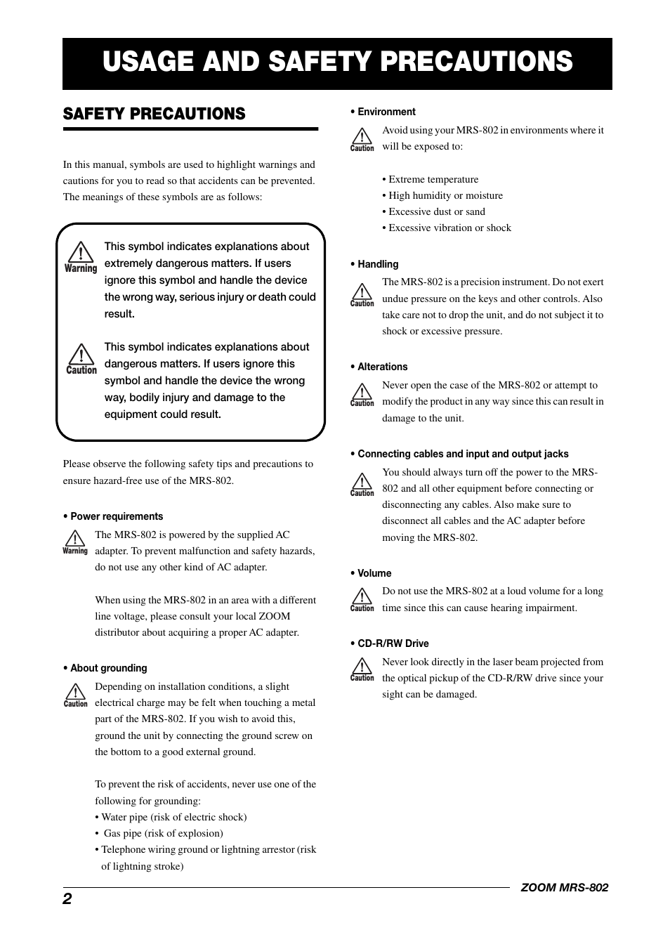 Usage and safety precautions, Safety precautions | Zoom MRS-802 User Manual | Page 2 / 172