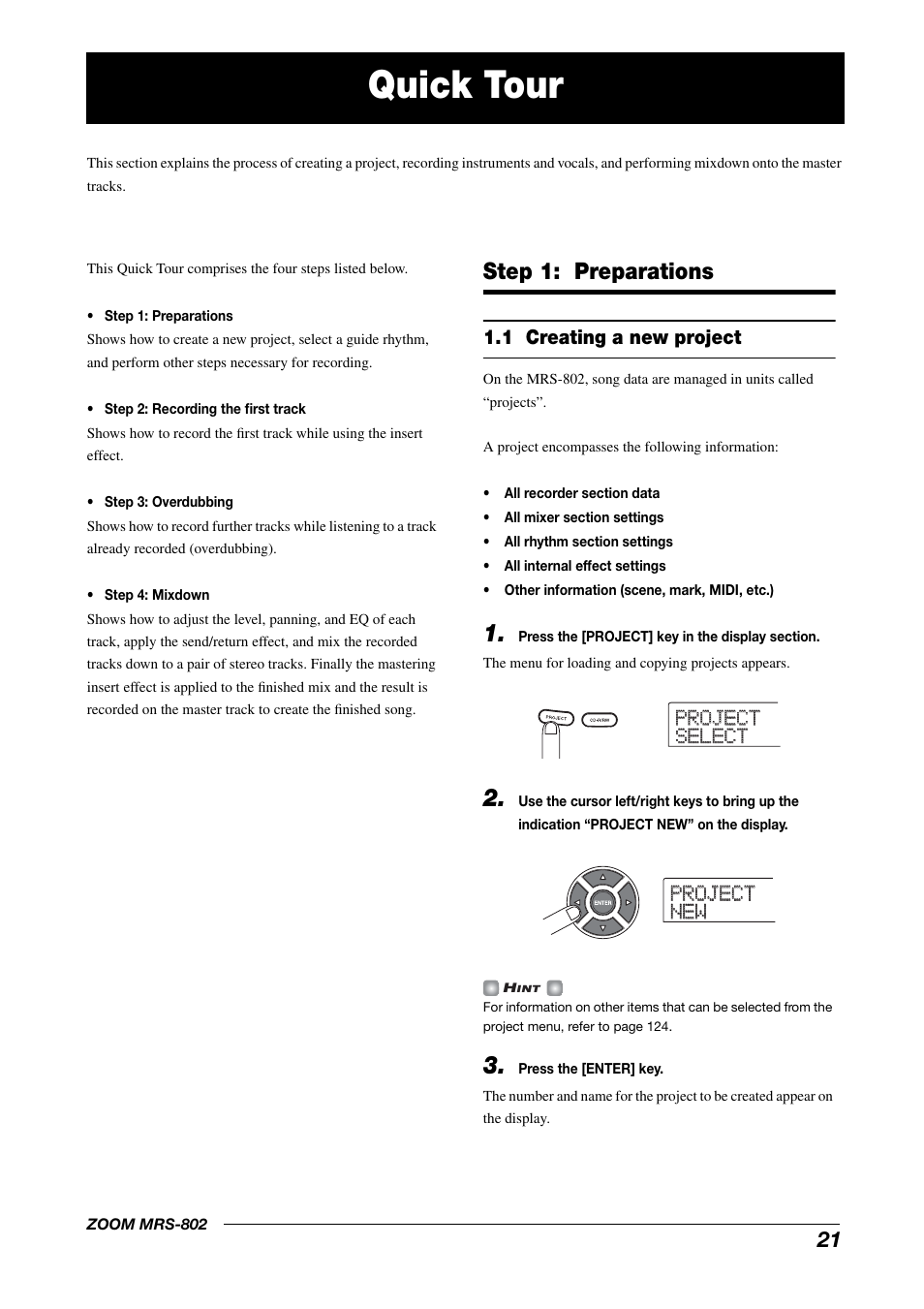 Quick tour, Step 1: preparations, 1 creating a new project | Zoom MRS-802 User Manual | Page 21 / 172