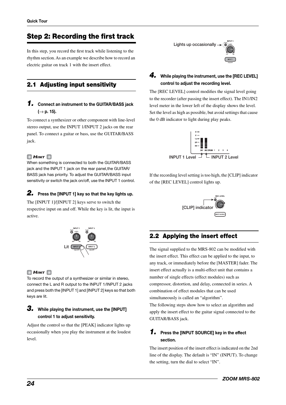 Step 2: recording the first track, 1 adjusting input sensitivity, 2 applying the insert effect | Zoom MRS-802 User Manual | Page 24 / 172