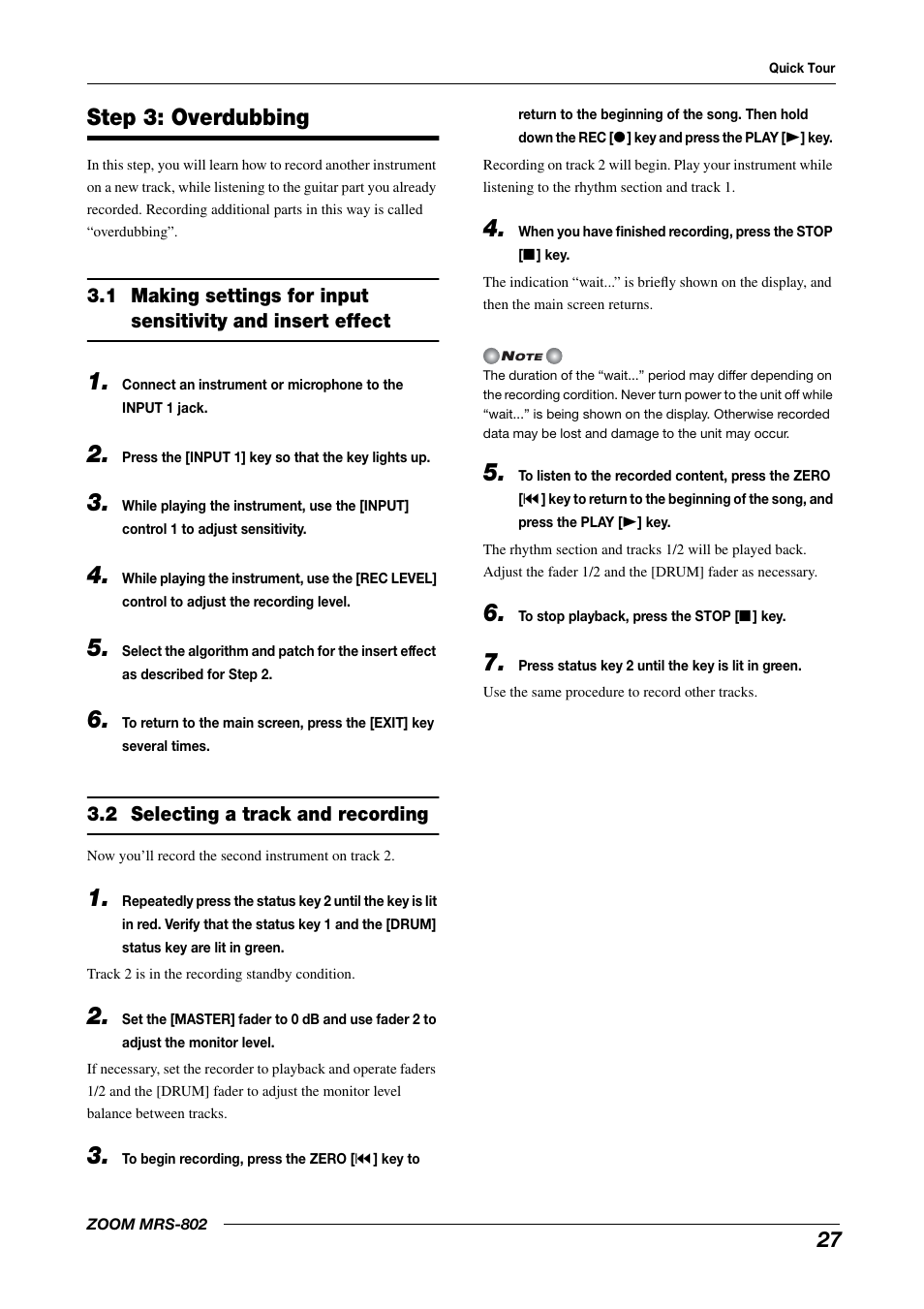 Step 3: overdubbing, 2 selecting a track and recording | Zoom MRS-802 User Manual | Page 27 / 172