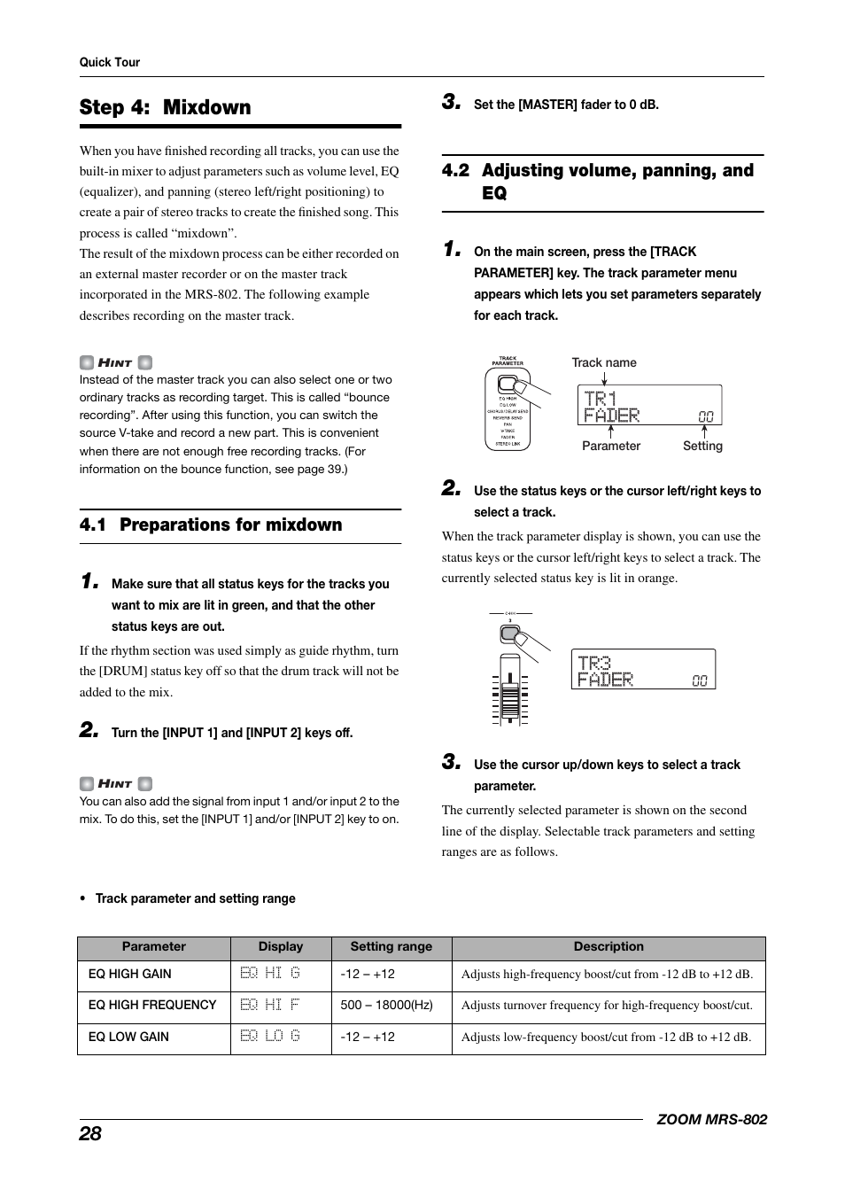 Step 4: mixdown, Tr1 tr1 fader fader, Tr3 tr3 fader fader | Eq hi g, Eq hi f, Eq lo g, 1 preparations for mixdown, 2 adjusting volume, panning, and eq | Zoom MRS-802 User Manual | Page 28 / 172