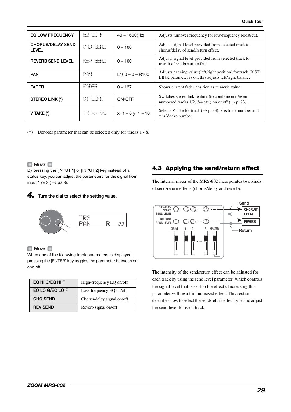 3 applying the send/return effect, Tr3 tr3 pan r pan r, Eq lo f | Cho send, Rev send, Fader, St link, Tr xx-yy | Zoom MRS-802 User Manual | Page 29 / 172