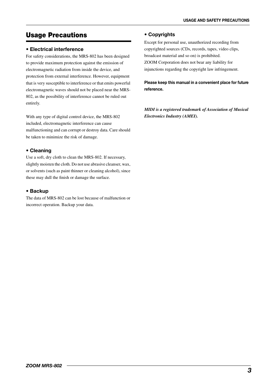 Usage precautions | Zoom MRS-802 User Manual | Page 3 / 172