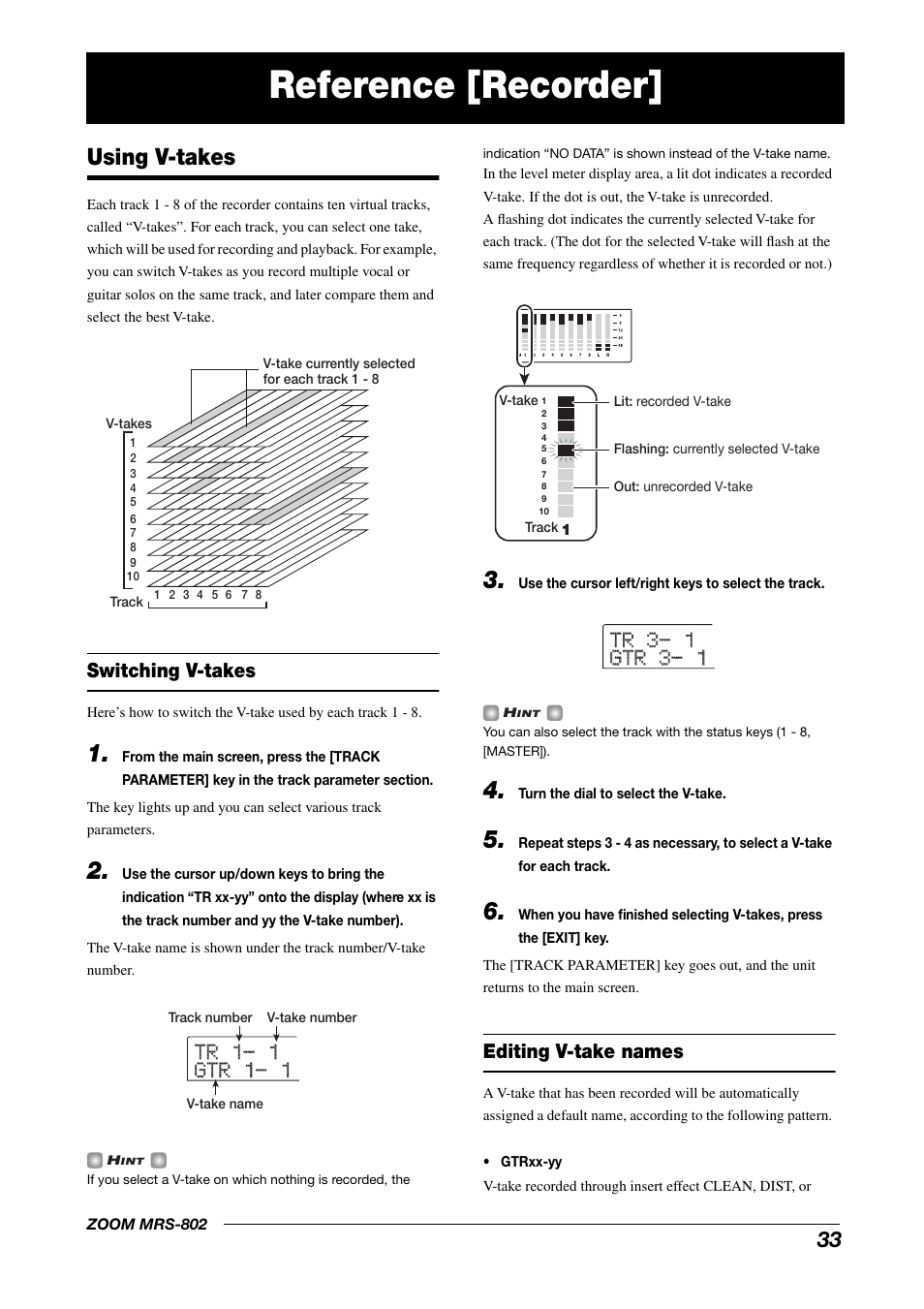 Reference [recorder, Using v-takes, Switching v-takes | Editing v-take names | Zoom MRS-802 User Manual | Page 33 / 172
