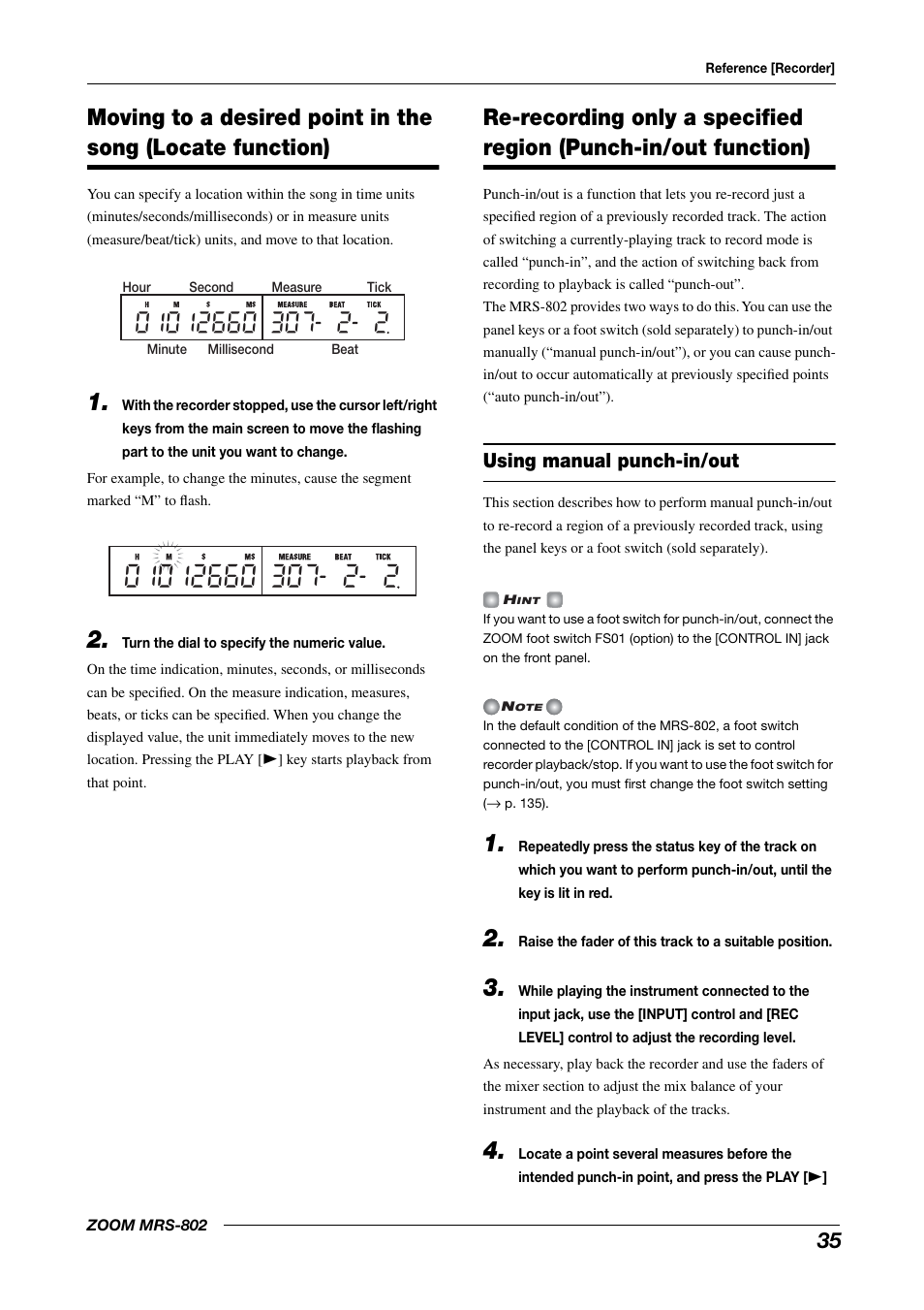 Moving to a desired point in the song, Locate function), Re-recording only a specified region | Punch-in/out function), Using manual punch-in/out | Zoom MRS-802 User Manual | Page 35 / 172