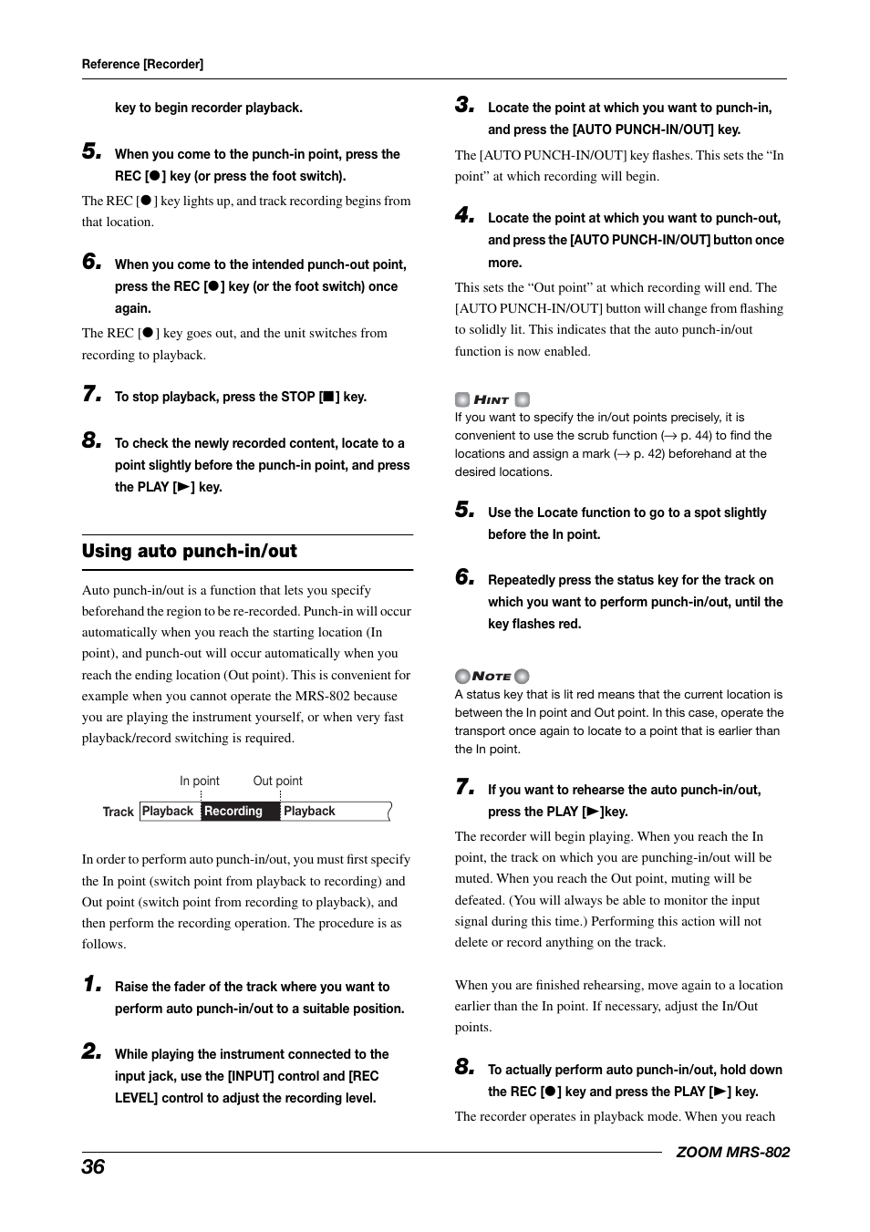 Using auto punch-in/out | Zoom MRS-802 User Manual | Page 36 / 172