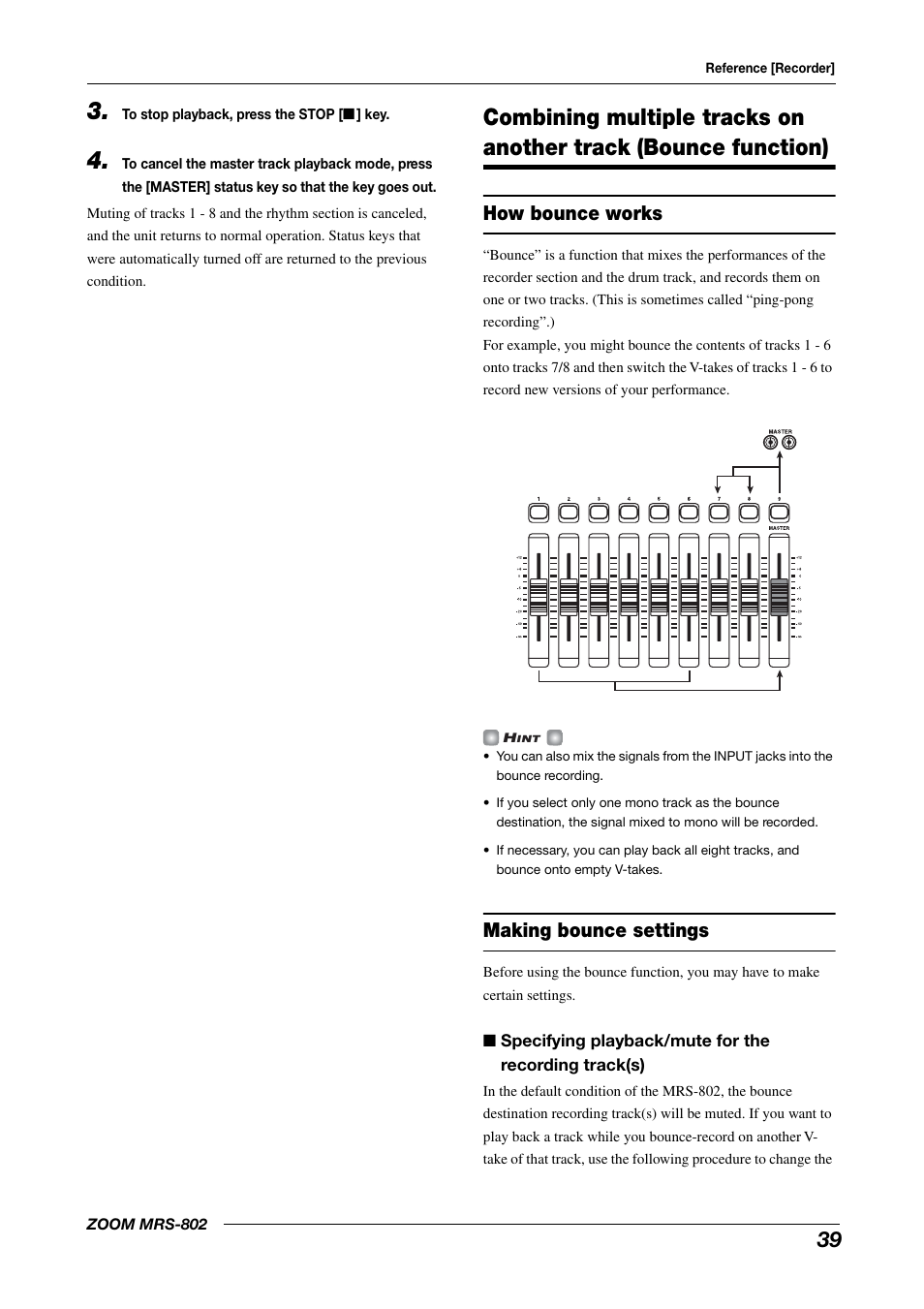 Combining multiple tracks on another track, Bounce function), How bounce works making bounce settings | How bounce works, Making bounce settings | Zoom MRS-802 User Manual | Page 39 / 172