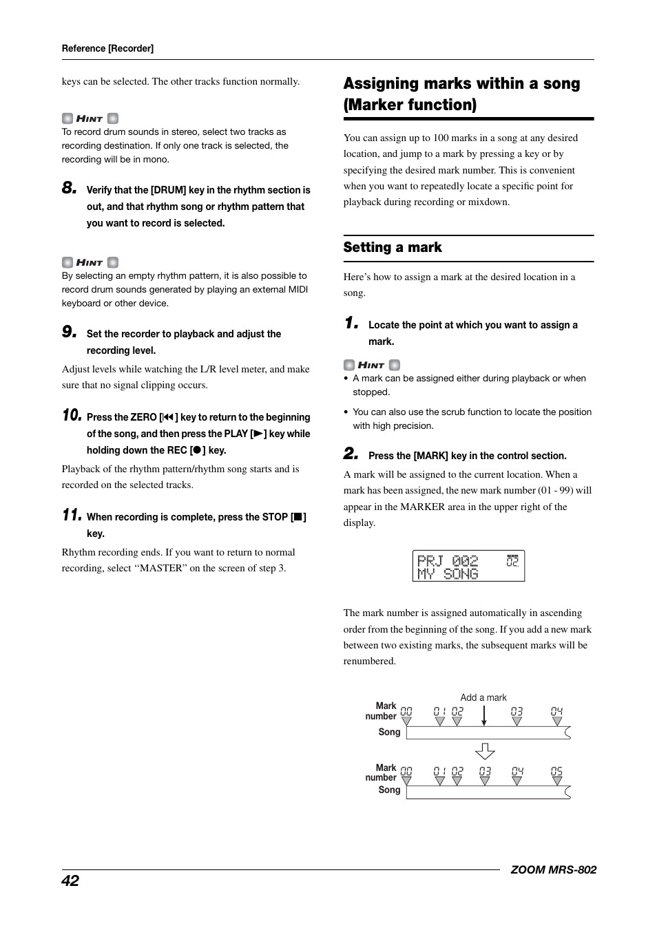 Assigning marks within a song, Marker function), Setting a mark | Assigning marks within a song (marker function) | Zoom MRS-802 User Manual | Page 42 / 172