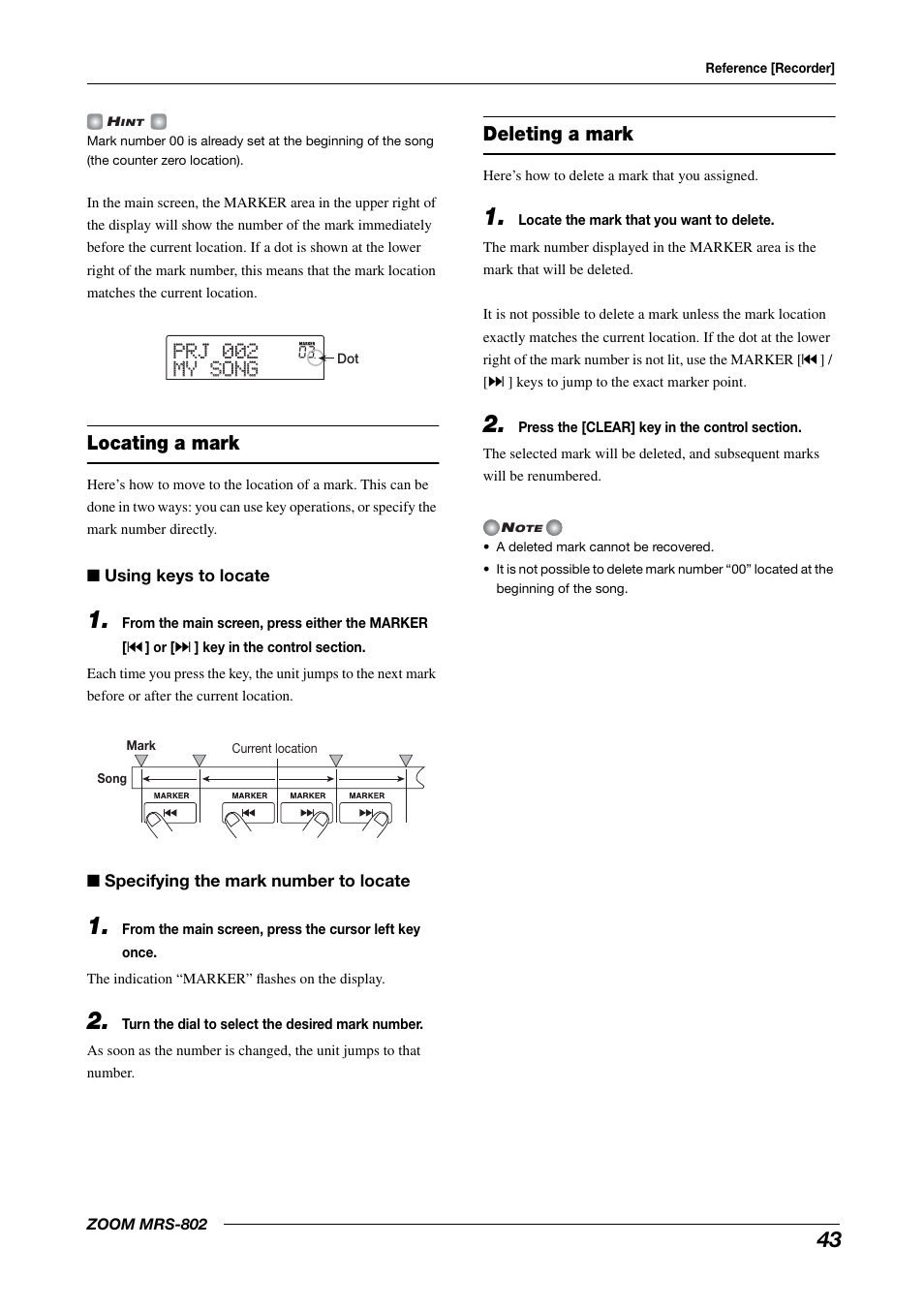 Locating a mark deleting a mark, Locating a mark, Deleting a mark | Zoom MRS-802 User Manual | Page 43 / 172