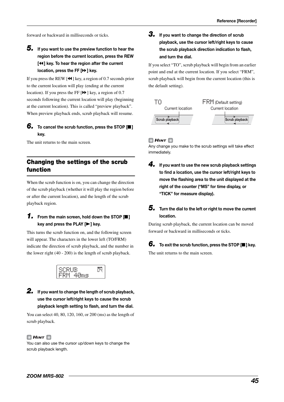Changing the settings of the scrub function, Scrub scrub frm 40ms frm 40ms | Zoom MRS-802 User Manual | Page 45 / 172