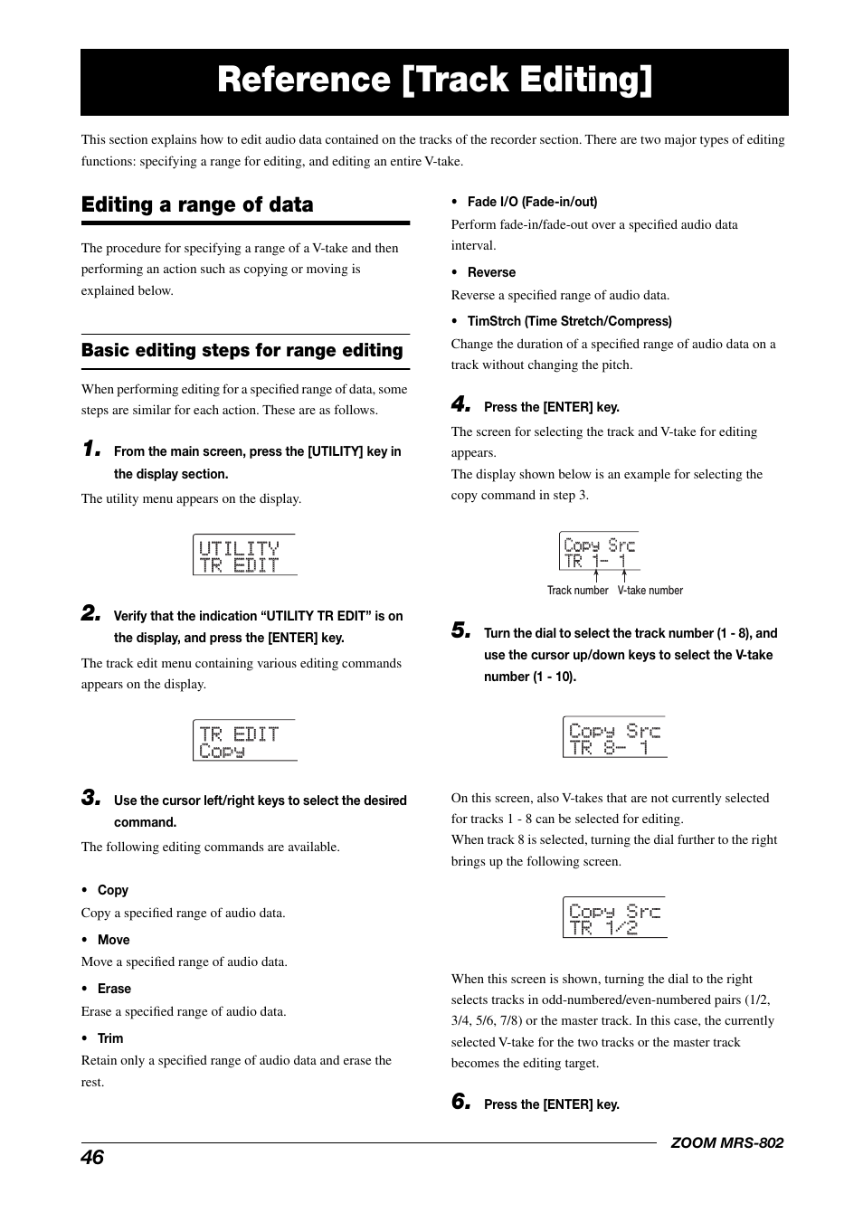 Reference [track editing, Editing a range of data, Basic editing steps for range editing | Copy src copy src tr 1- 1 tr 1- 1 | Zoom MRS-802 User Manual | Page 46 / 172