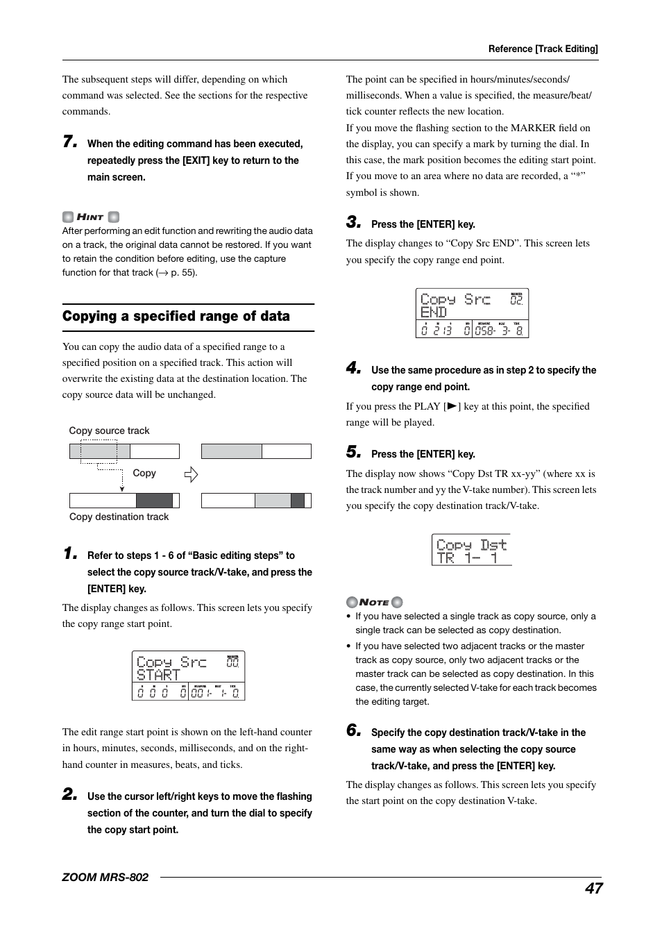 Copying a specified range of data, Copy src copy src start start, Copy src copy src end end | Copy dst copy dst tr 1- 1 tr 1- 1 | Zoom MRS-802 User Manual | Page 47 / 172