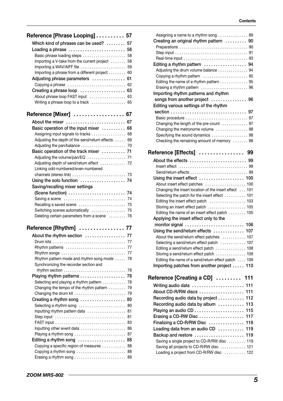 Reference [phrase looping, Reference [mixer, Reference [rhythm | Reference [effects, Reference [creating a cd | Zoom MRS-802 User Manual | Page 5 / 172