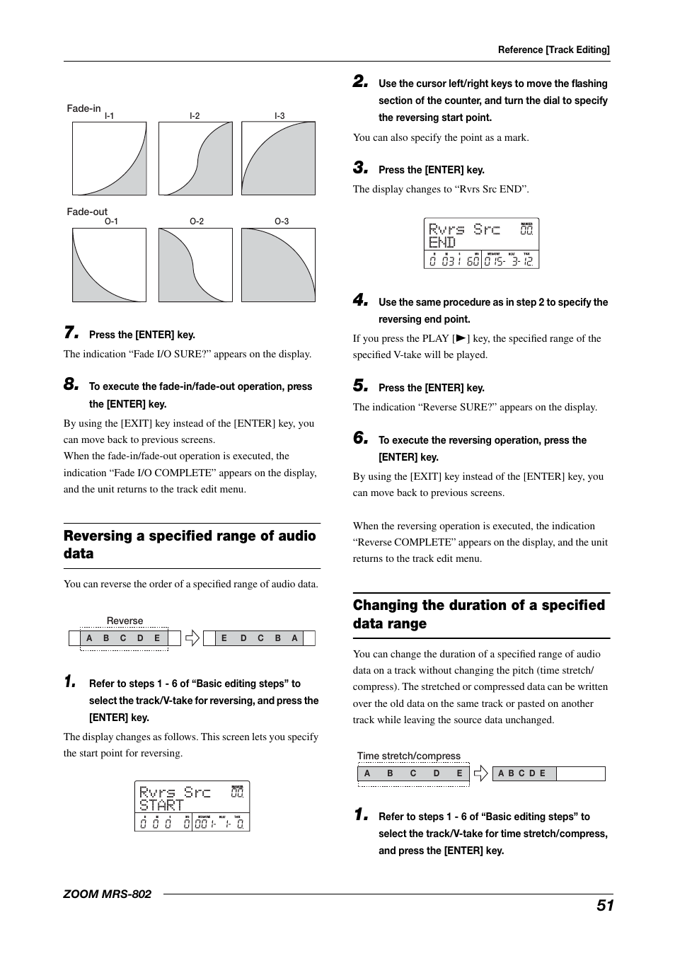 Rvrs src rvrs src start start, Rvrs src rvrs src end end, Reversing a specified range of audio data | Changing the duration of a specified data range | Zoom MRS-802 User Manual | Page 51 / 172