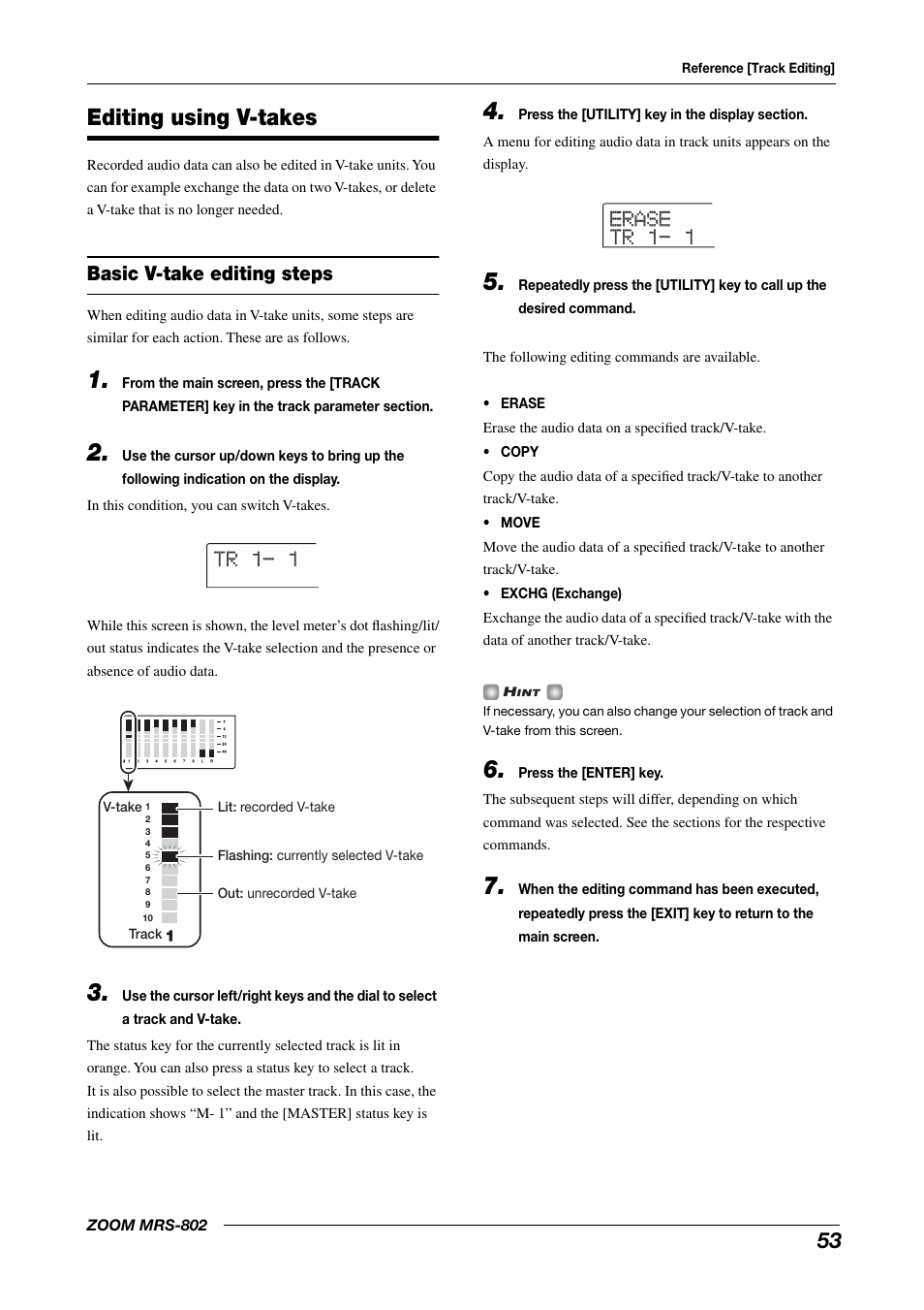 Editing using v-takes, Basic v-take editing steps, Tr 1- 1 | Erase erase tr 1- 1 tr 1- 1 | Zoom MRS-802 User Manual | Page 53 / 172