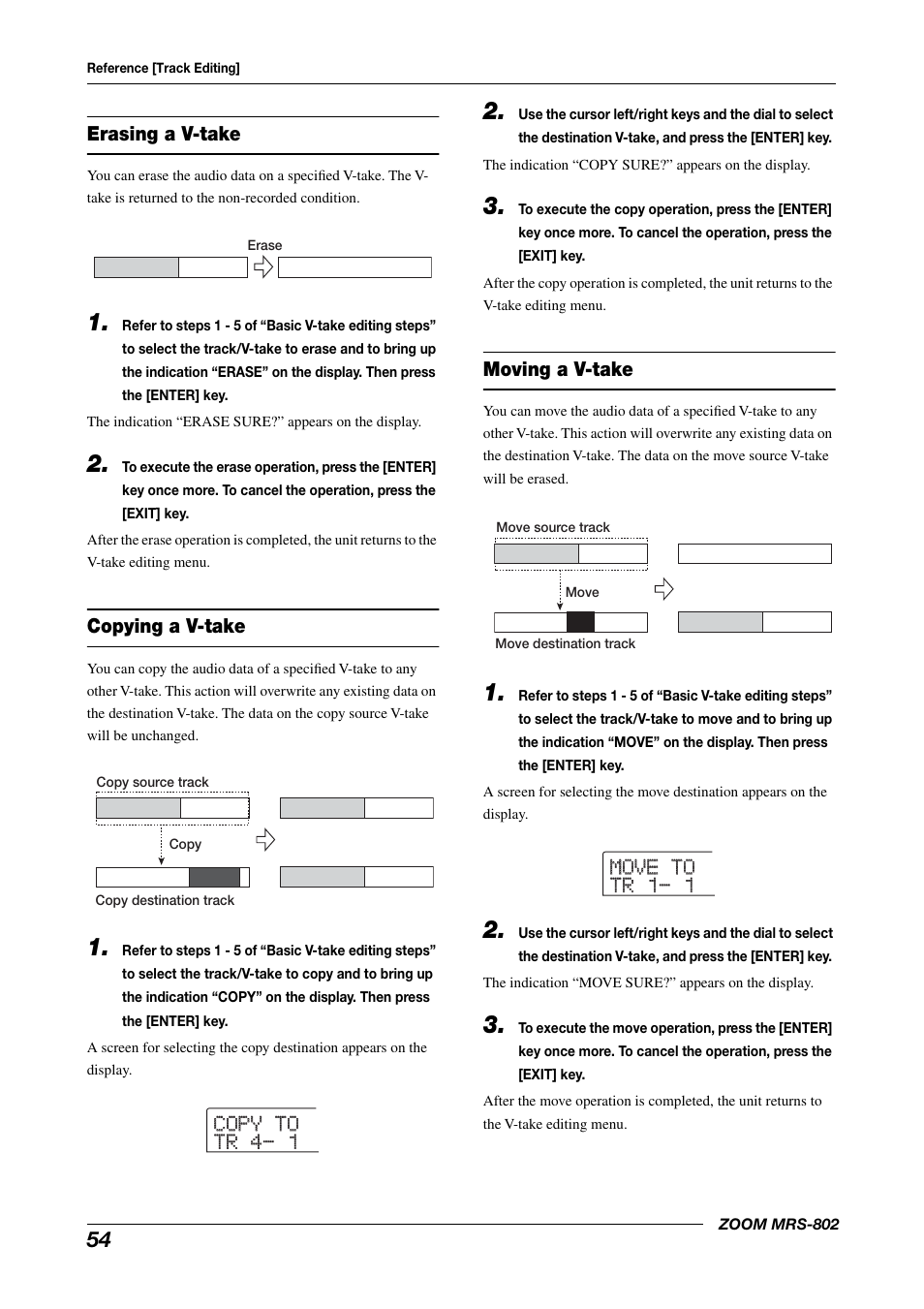 Erasing a v-take copying a v-take moving a v-take, Copy to copy to tr 4- 1 tr 4- 1, Move to move to tr 1- 1 tr 1- 1 | Zoom MRS-802 User Manual | Page 54 / 172