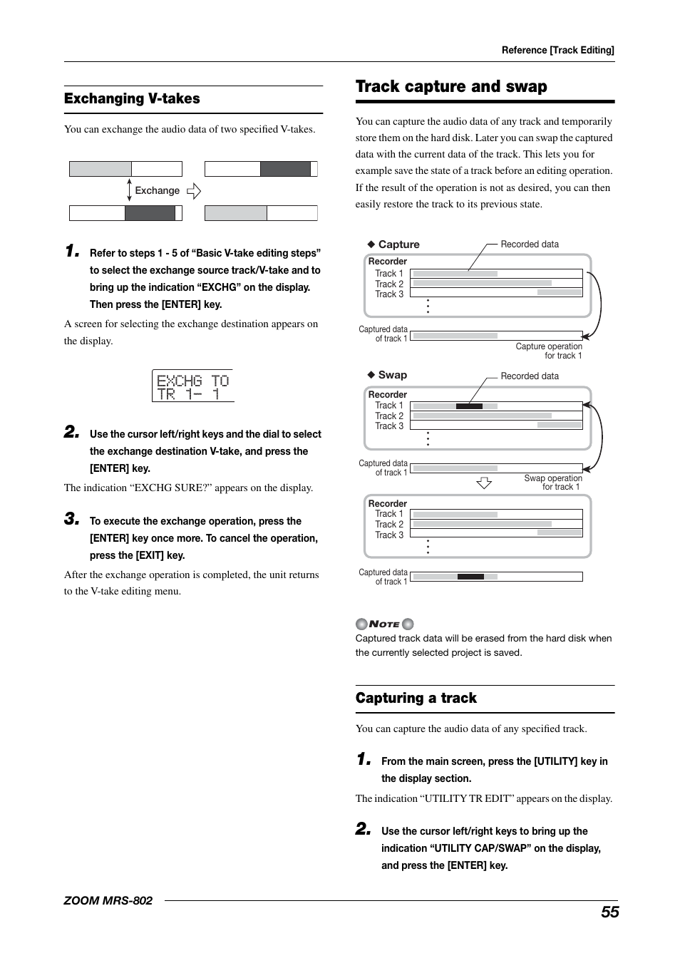 Exchanging v-takes, Track capture and swap, Capturing a track | Exchg to exchg to tr 1- 1 tr 1- 1 | Zoom MRS-802 User Manual | Page 55 / 172