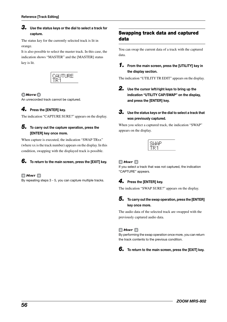 Swapping track data and captured data, Cauture cauture tr1 tr1 swap swap tr1 tr1 | Zoom MRS-802 User Manual | Page 56 / 172