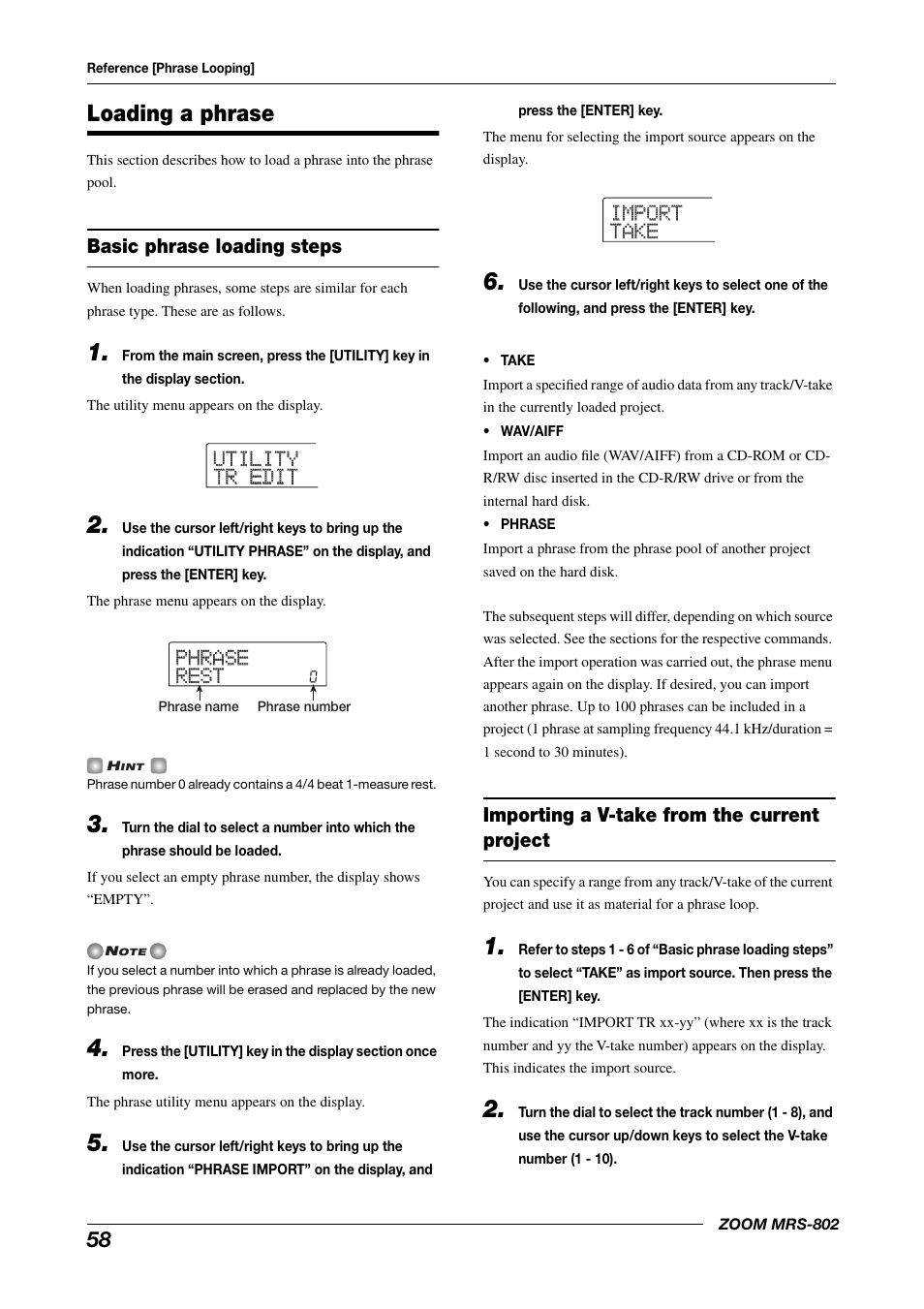 Loading a phrase, Import import take take | Zoom MRS-802 User Manual | Page 58 / 172