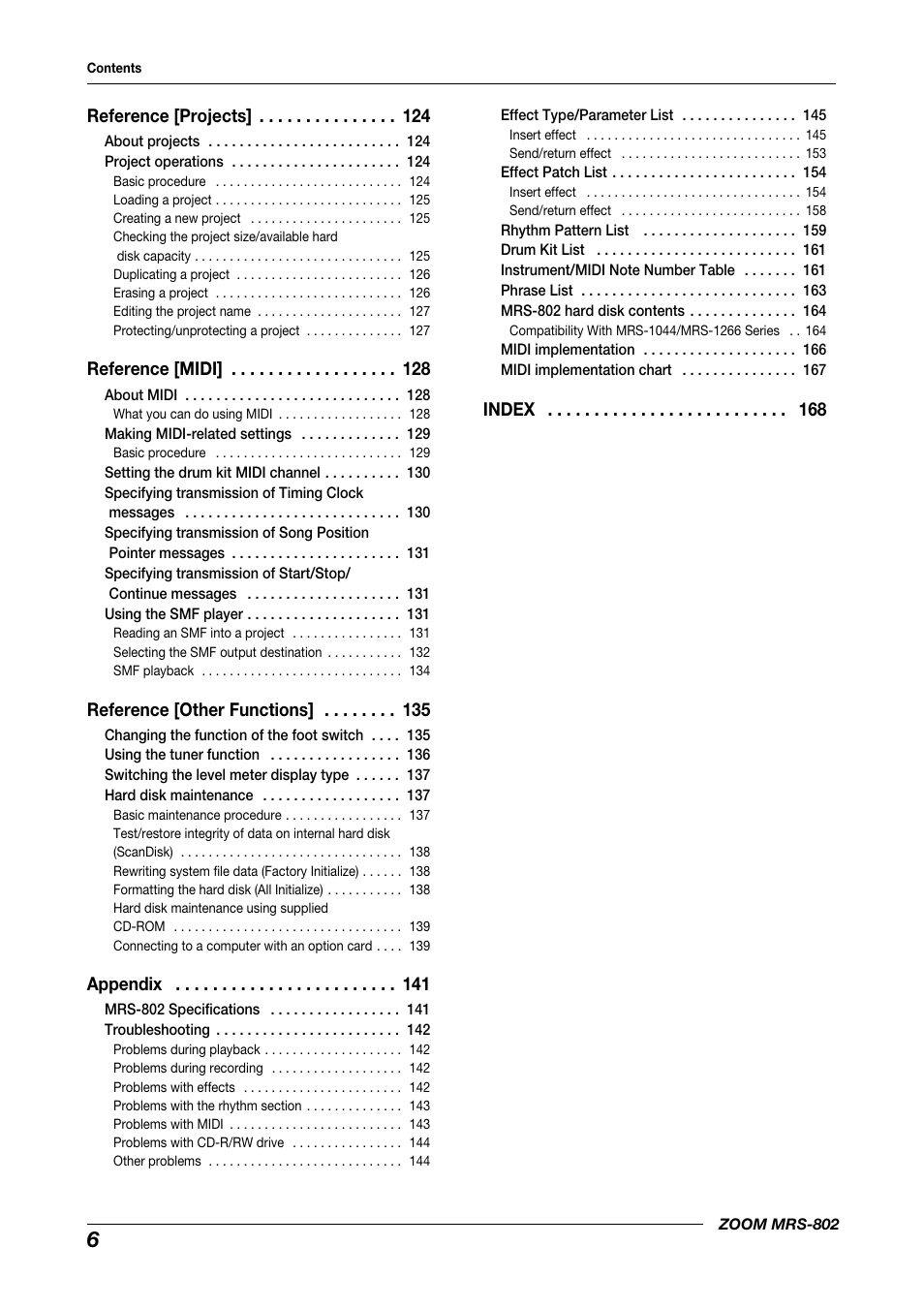 Reference [projects, Reference [midi, Reference [other functions | Appendix, Index | Zoom MRS-802 User Manual | Page 6 / 172