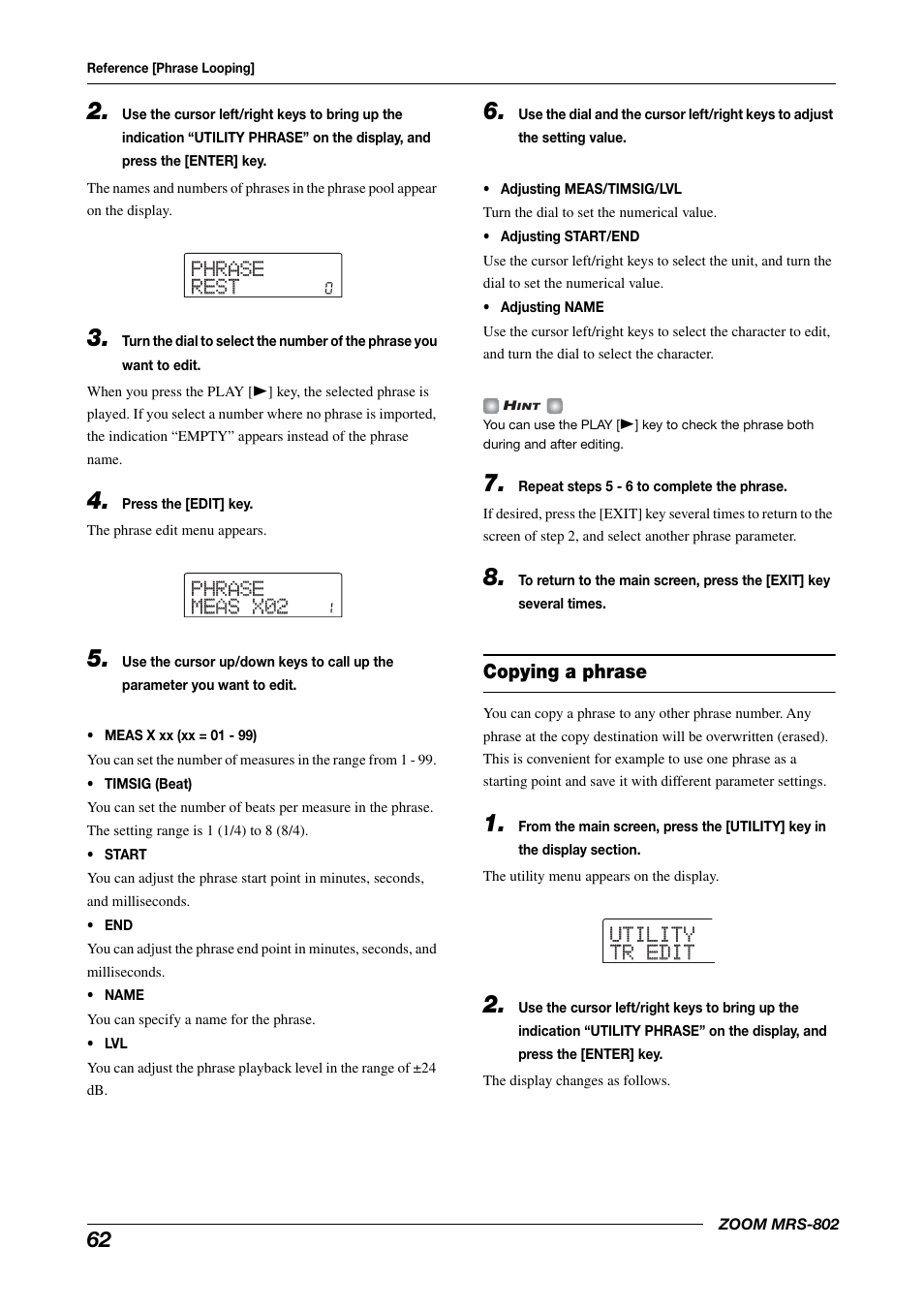 Copying a phrase, Phrase phrase rest rest, Phrase phrase meas x02 meas x02 | Utility utility tr edit tr edit | Zoom MRS-802 User Manual | Page 62 / 172