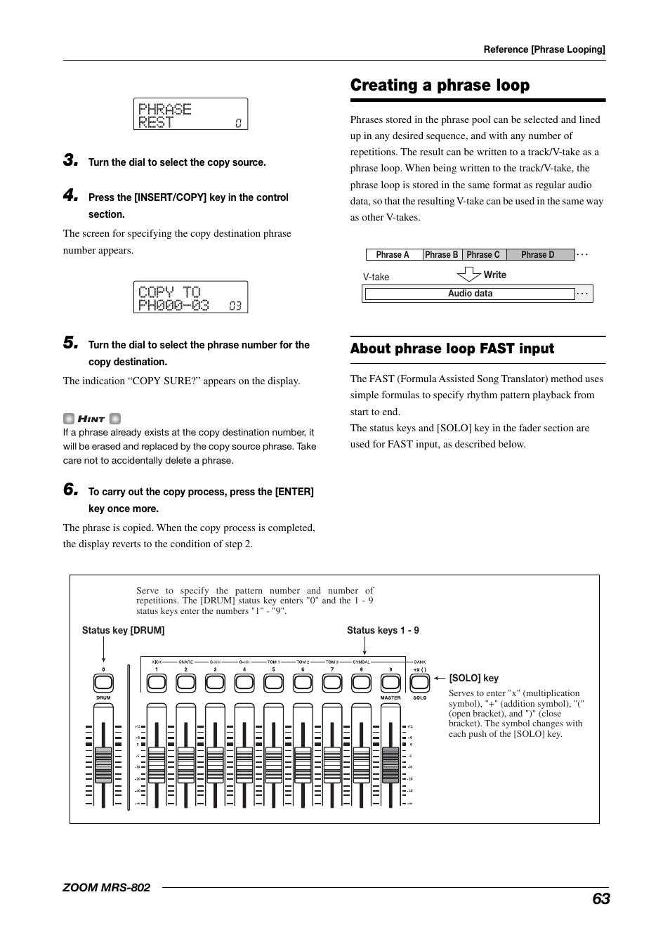 Creating a phrase loop, About phrase loop fast input, Phrase phrase rest rest | Zoom MRS-802 User Manual | Page 63 / 172