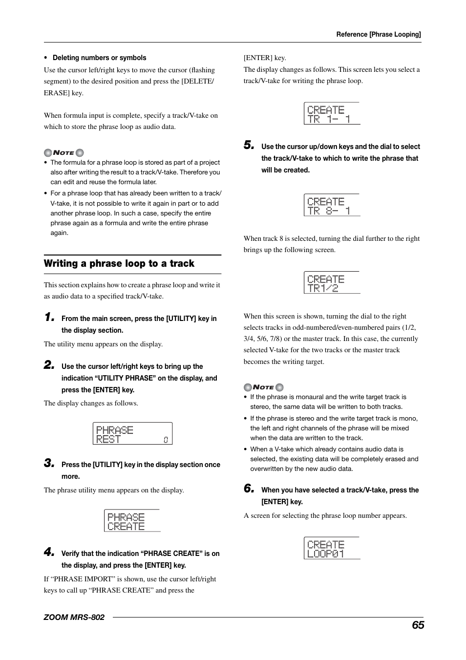 Writing a phrase loop to a track, Phrase phrase rest rest | Zoom MRS-802 User Manual | Page 65 / 172