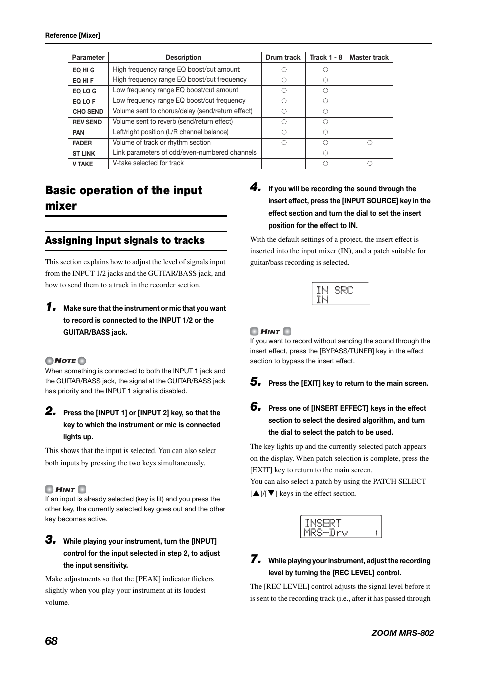 Basic operation of the input mixer, Assigning input signals to tracks | Zoom MRS-802 User Manual | Page 68 / 172
