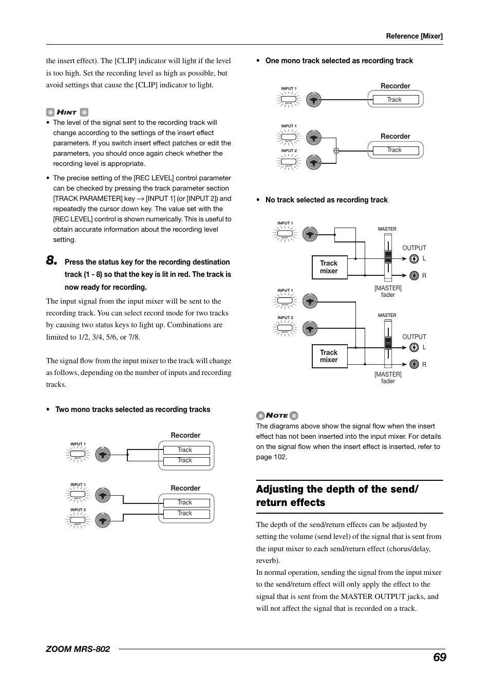 Adjusting the depth of the send/return effects, Adjusting the depth of the send/ return effects | Zoom MRS-802 User Manual | Page 69 / 172