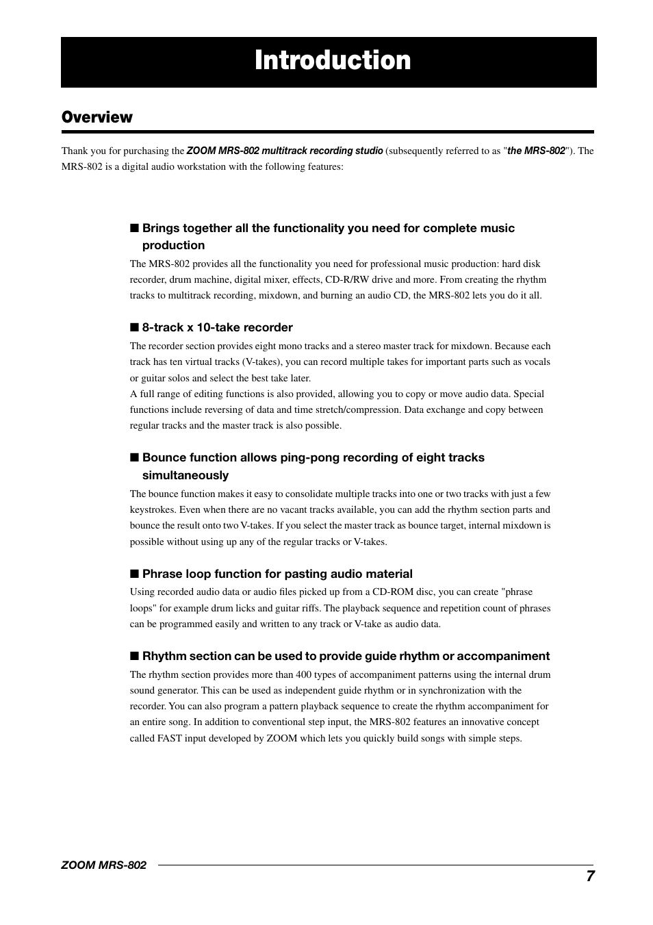 Introduction, Overview | Zoom MRS-802 User Manual | Page 7 / 172