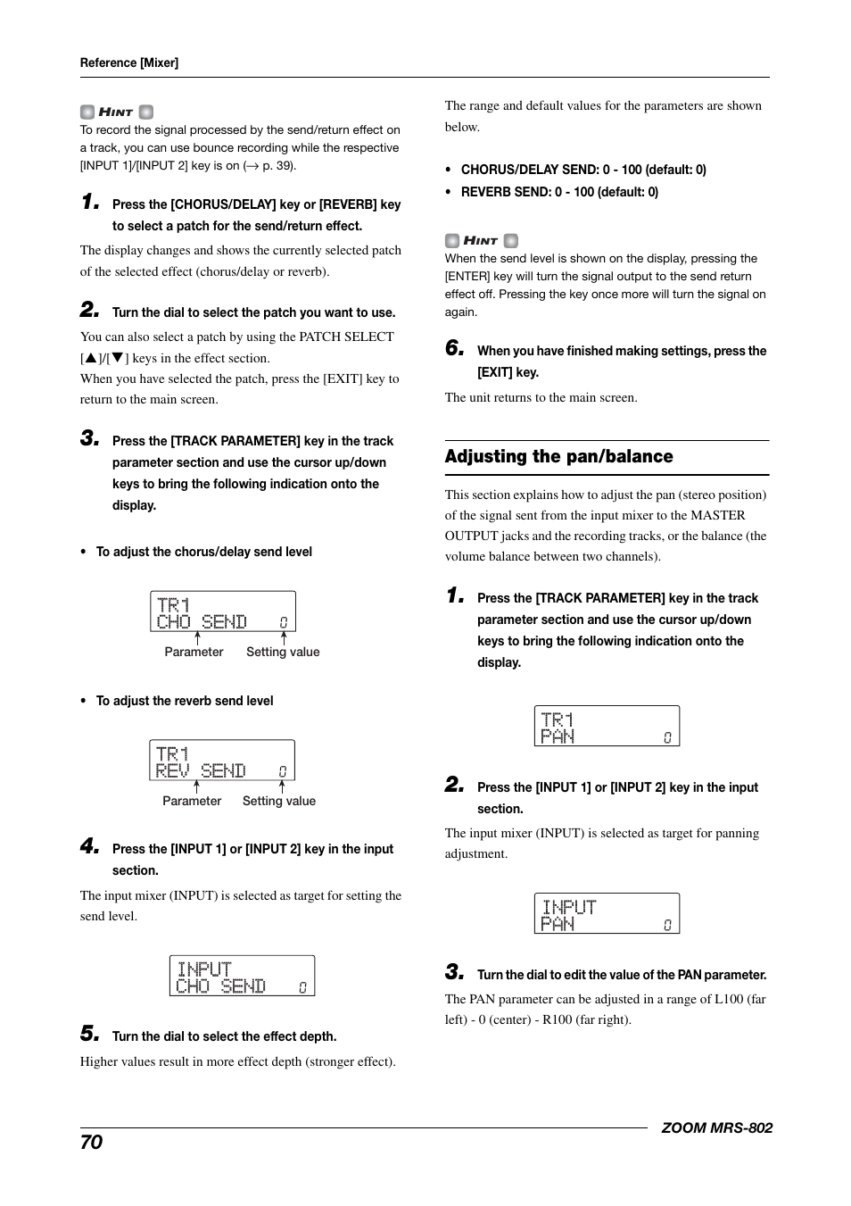 Adjusting the pan/balance, Tr1 tr1 cho send cho send, Tr1 tr1 rev send rev send | Input input cho send cho send, Tr1 tr1 pan pan, Input input pan pan | Zoom MRS-802 User Manual | Page 70 / 172