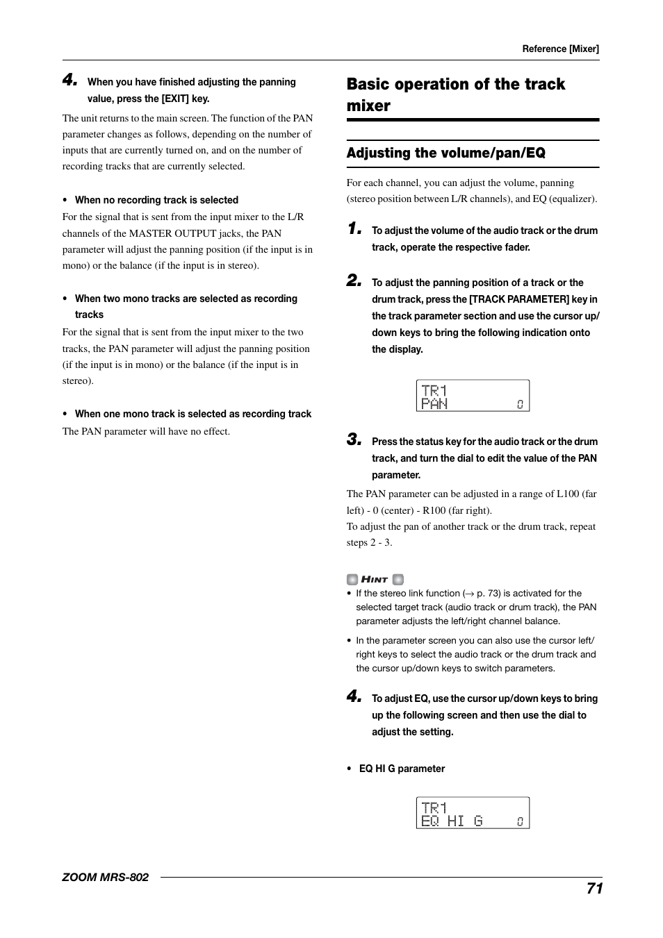 Basic operation of the track mixer, Adjusting the volume/pan/eq, Tr1 tr1 pan pan | Tr1 tr1 eq hi g eq hi g | Zoom MRS-802 User Manual | Page 71 / 172