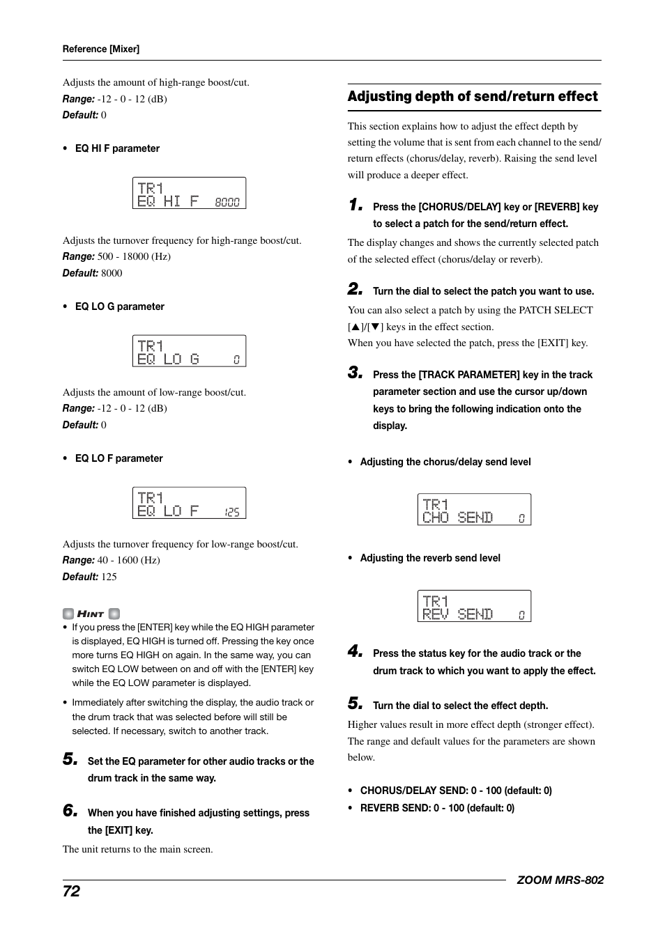 Adjusting depth of send/return effect, Tr1 tr1 eq hi f eq hi f, Tr1 tr1 eq lo g eq lo g | Tr1 tr1 eq lo f eq lo f, Tr1 tr1 cho send cho send, Tr1 tr1 rev send rev send | Zoom MRS-802 User Manual | Page 72 / 172
