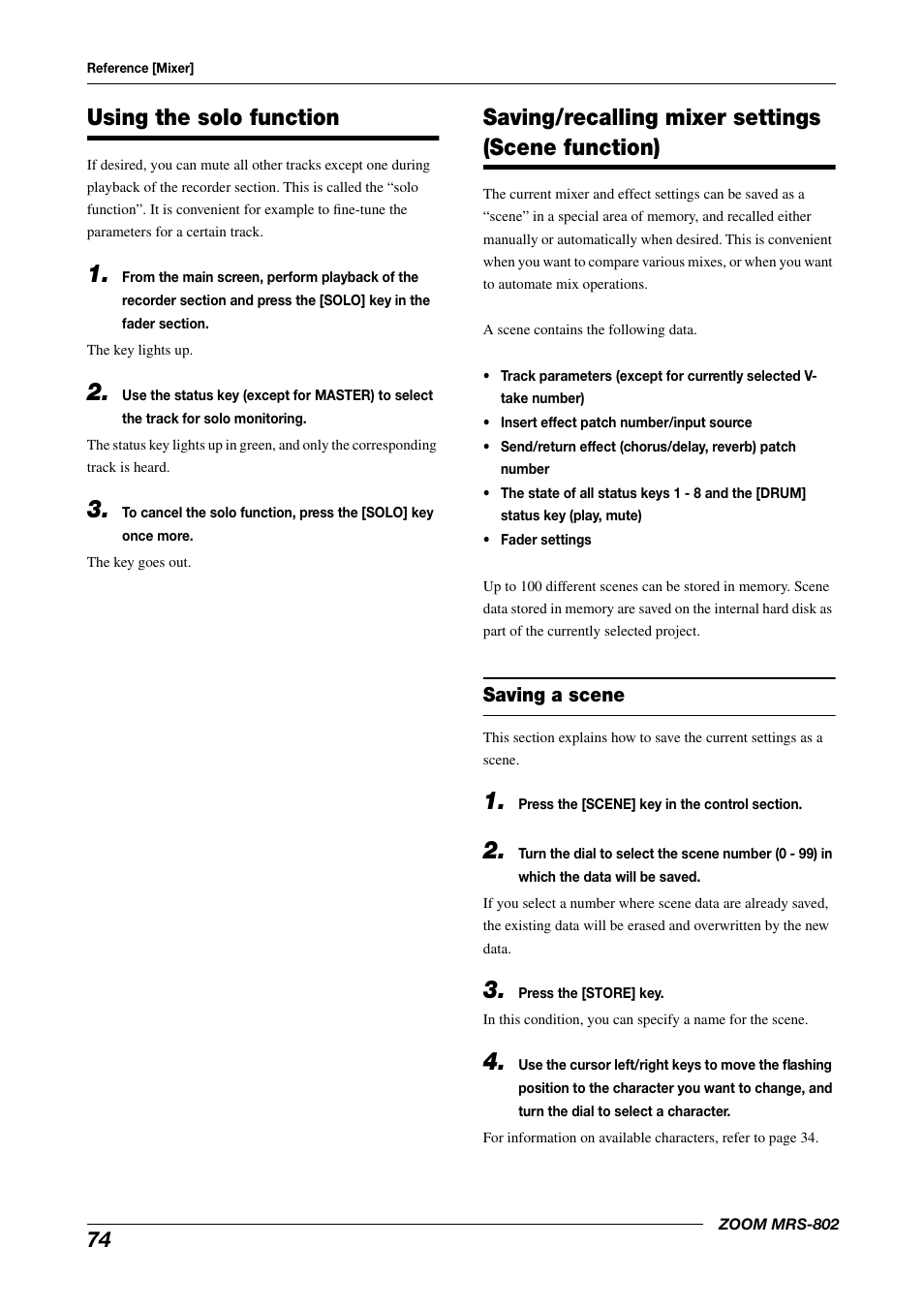 Scene function), Saving a scene, Using the solo function | Saving/recalling mixer settings (scene function) | Zoom MRS-802 User Manual | Page 74 / 172