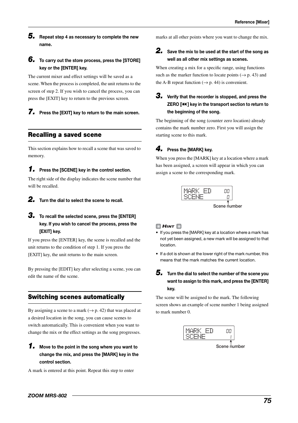 Mark ed mark ed scene scene, Recalling a saved scene, Switching scenes automatically | Zoom MRS-802 User Manual | Page 75 / 172