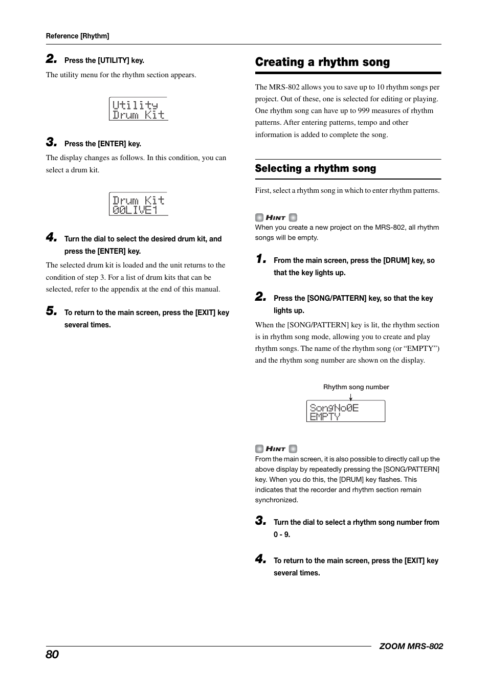Creating a rhythm song, Selecting a rhythm song, Songno0e songno0e empty empty | Zoom MRS-802 User Manual | Page 80 / 172