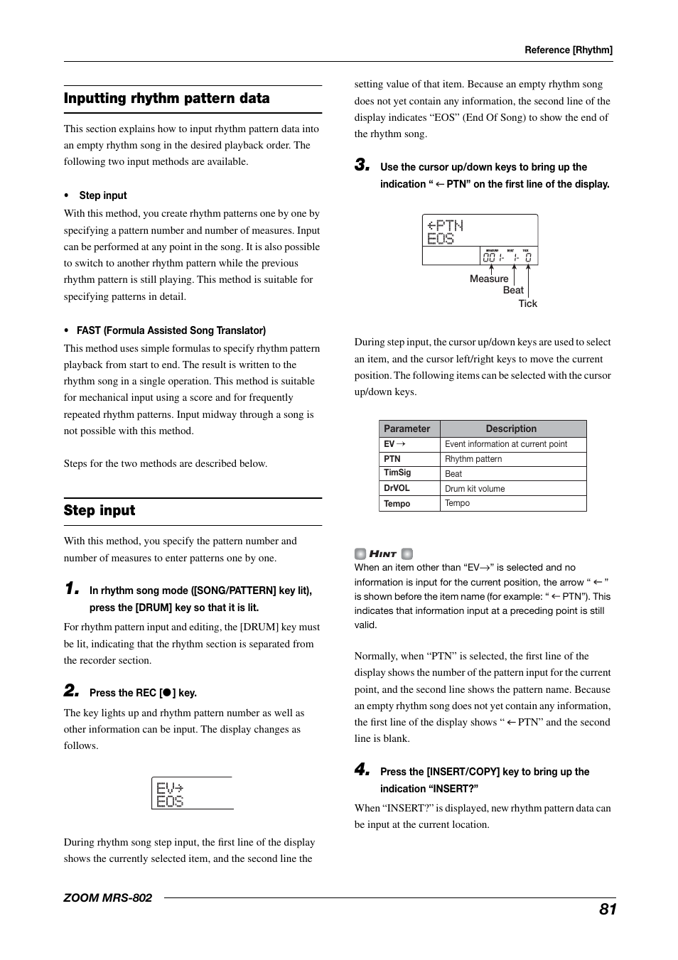 Inputting rhythm pattern data step input, Ev evå eos eos, Ptn ptn eos eos å | Inputting rhythm pattern data, Step input | Zoom MRS-802 User Manual | Page 81 / 172