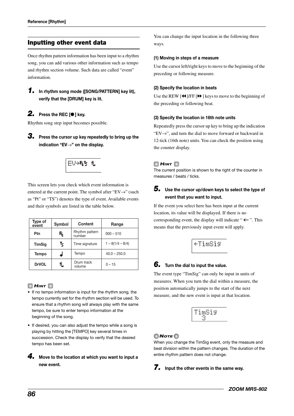 Inputting other event data, Ev evå, Timsig | Timsig å timsig timsig 3 3 | Zoom MRS-802 User Manual | Page 86 / 172