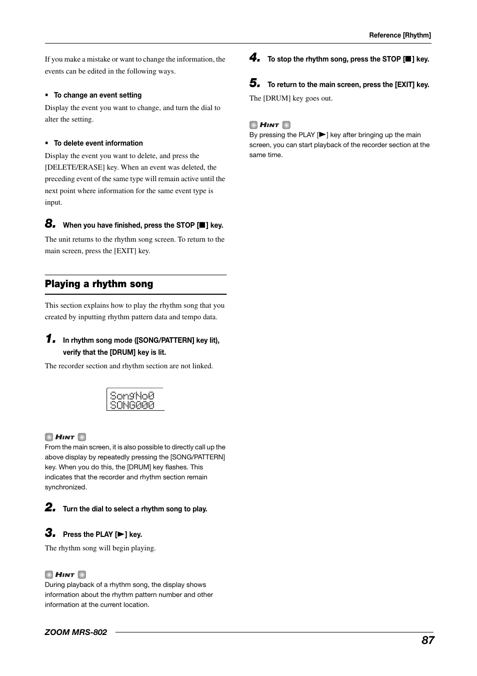 Playing a rhythm song | Zoom MRS-802 User Manual | Page 87 / 172