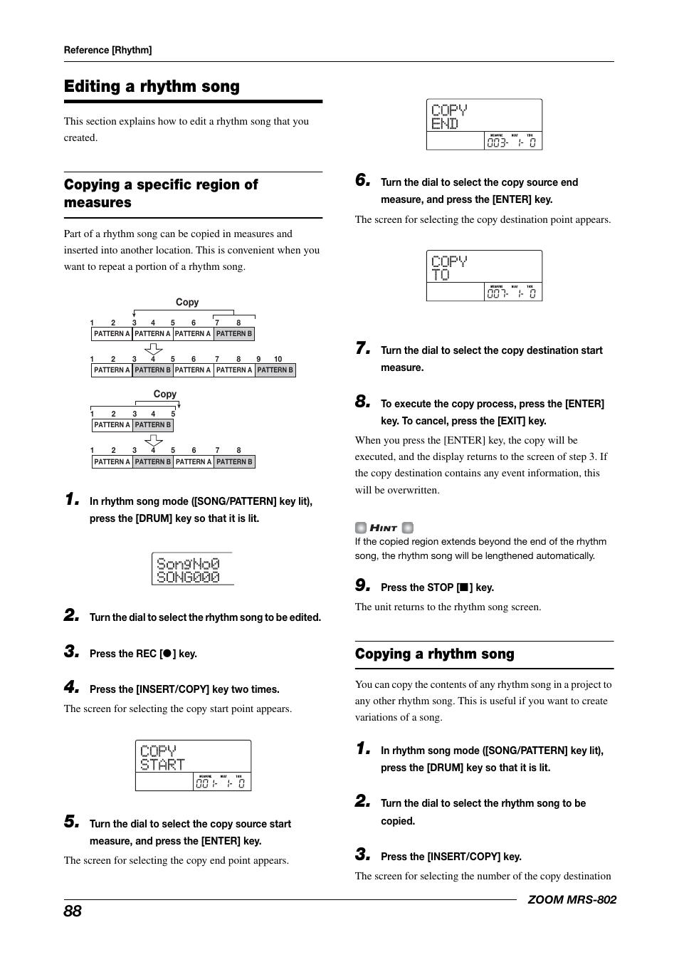 Editing a rhythm song, Copy copy end end, Copy copy to to | Copying a specific region of measures, Copying a rhythm song | Zoom MRS-802 User Manual | Page 88 / 172