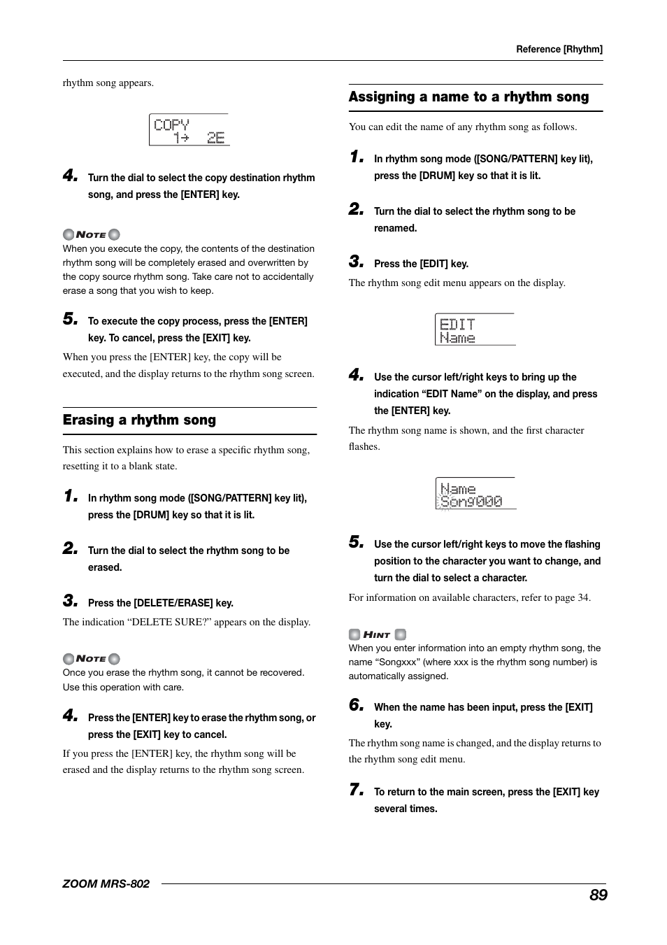 Erasing a rhythm song, Assigning a name to a rhythm song | Zoom MRS-802 User Manual | Page 89 / 172