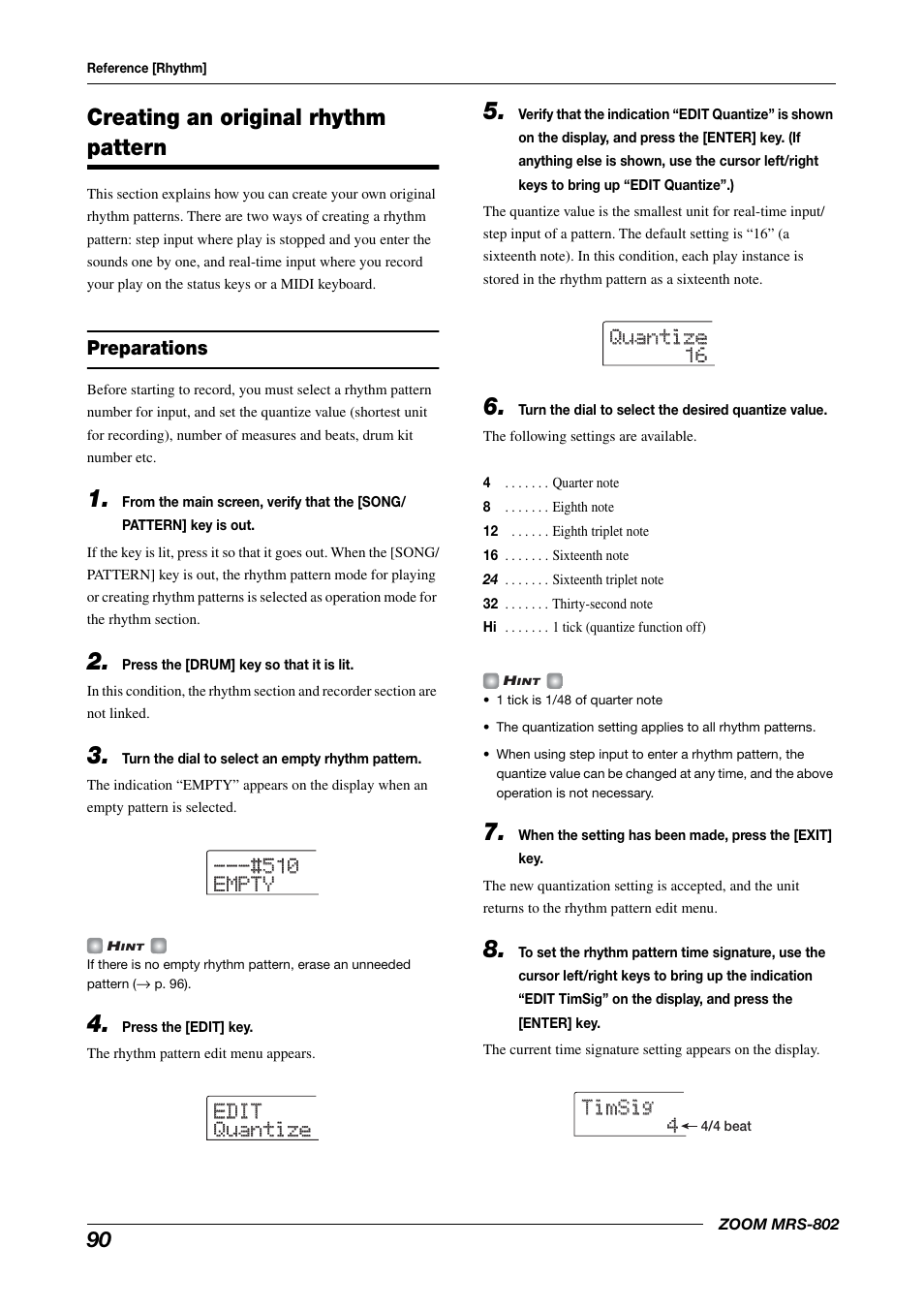 Creating an original rhythm pattern, Preparations, Timsig timsig 4 4 | Zoom MRS-802 User Manual | Page 90 / 172