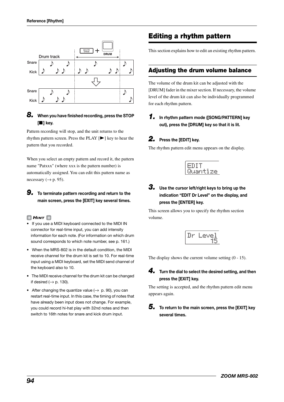 Editing a rhythm pattern, Adjusting the drum volume balance | Zoom MRS-802 User Manual | Page 94 / 172