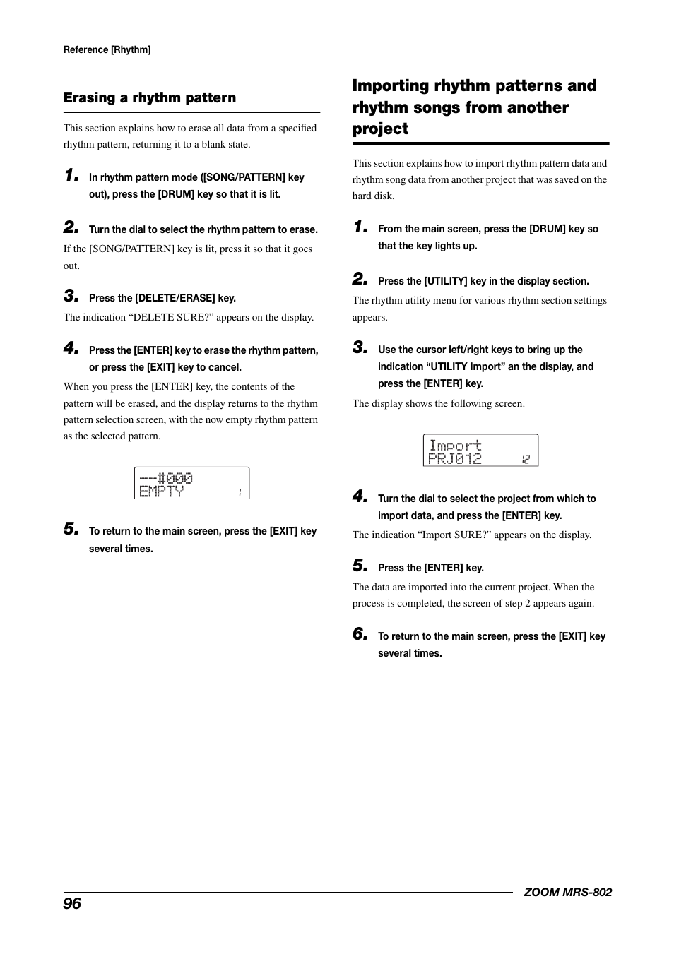 Erasing a rhythm pattern, Importing rhythm patterns and rhythm, Songs from another project | Zoom MRS-802 User Manual | Page 96 / 172