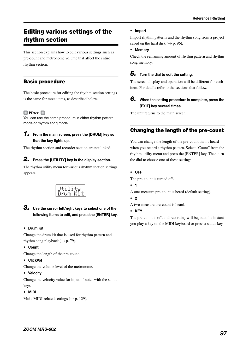 Editing various settings of the rhythm, Section, Utility utility drum kit drum kit | Basic procedure, Changing the length of the pre-count | Zoom MRS-802 User Manual | Page 97 / 172
