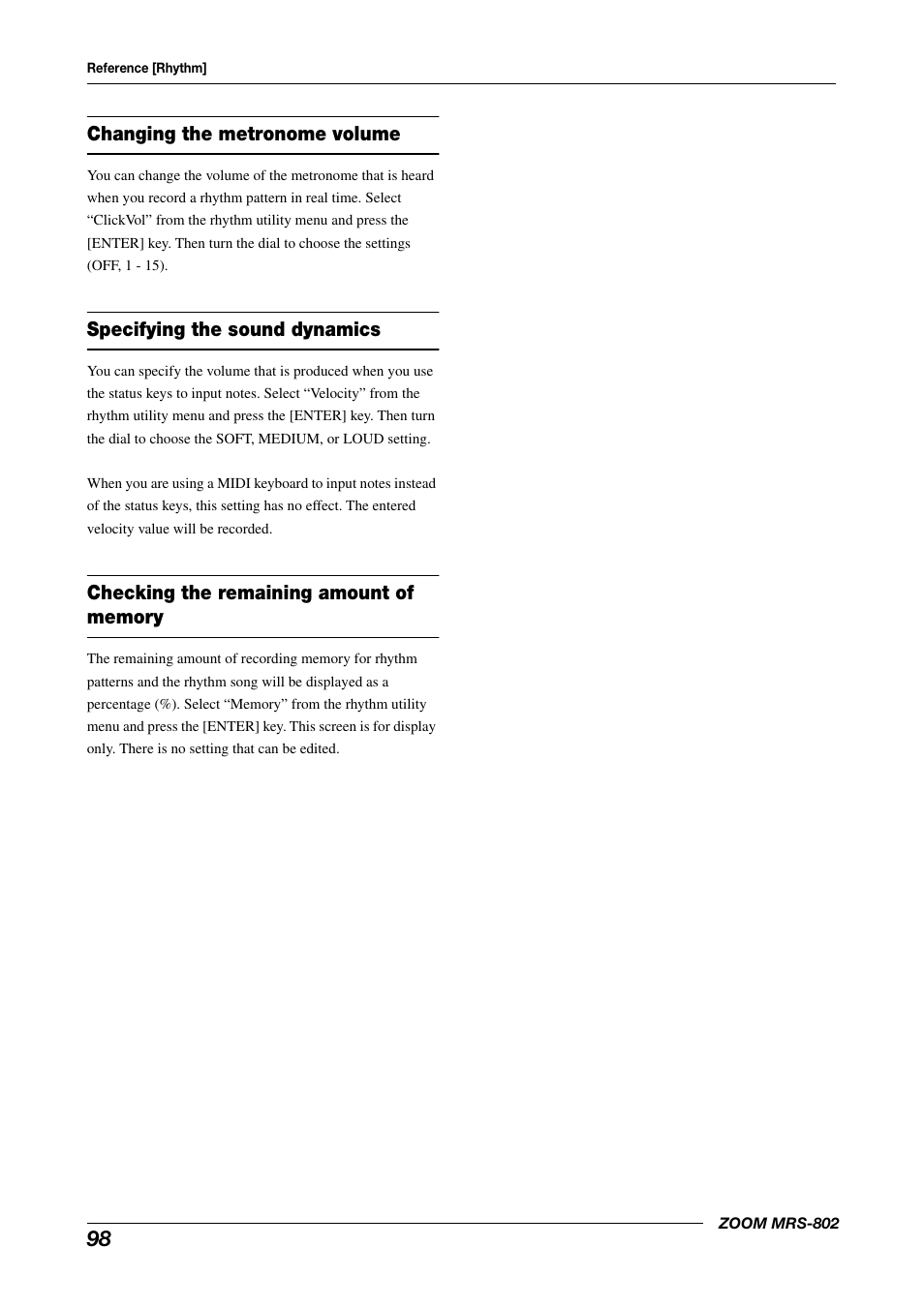 Changing the metronome volume, Specifying the sound dynamics | Zoom MRS-802 User Manual | Page 98 / 172