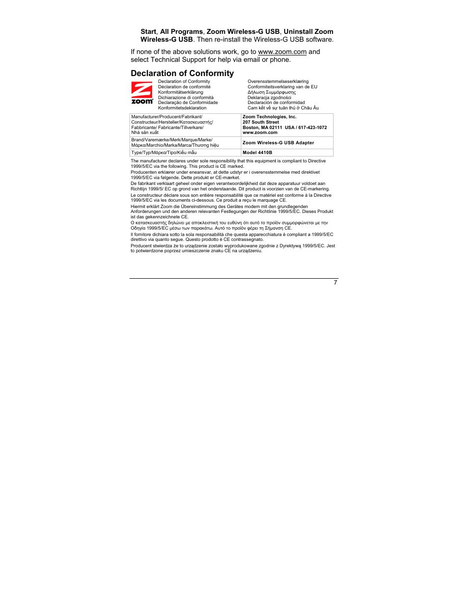 Declaration of conformity | Zoom 4410B/TF User Manual | Page 7 / 8