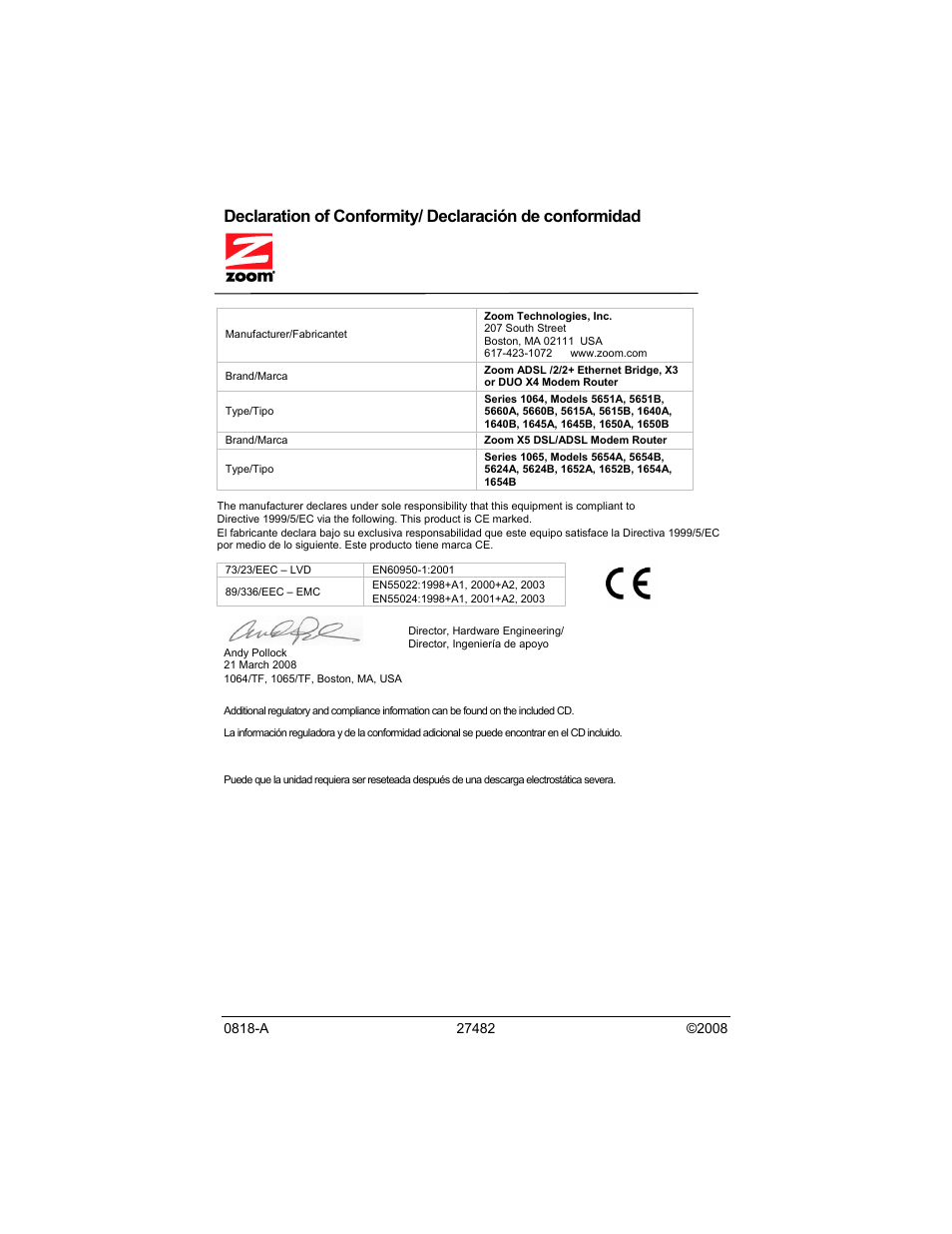 Manufacturer/fabricantet, Zoom x5 dsl/adsl modem router | Zoom 5654B User Manual | Page 4 / 4