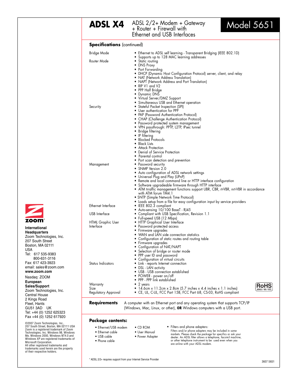 Adsl x4, Model 5651, Rohs | Zoom ADSL X4 5651 User Manual | Page 2 / 2