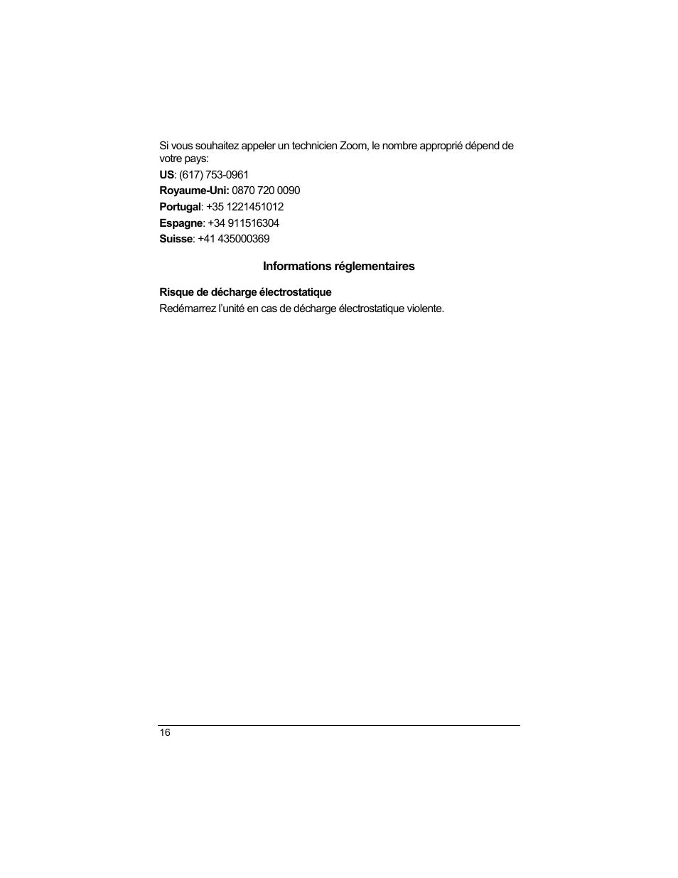 Informations réglementaires, Risque de décharge électrostatique | Zoom 1640A User Manual | Page 16 / 28